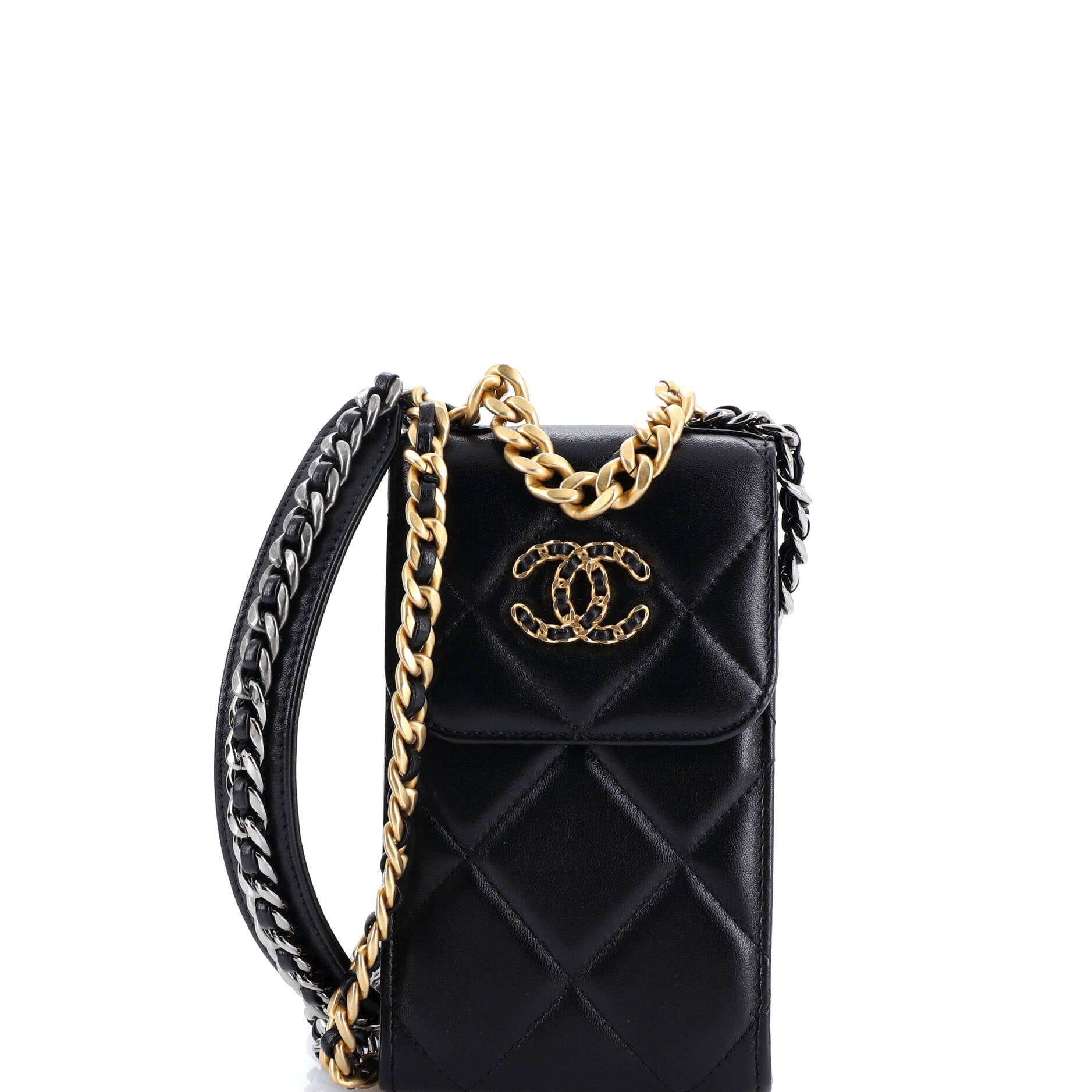 19 Vertical Phone Holder with Chain Quilted Lambskin
