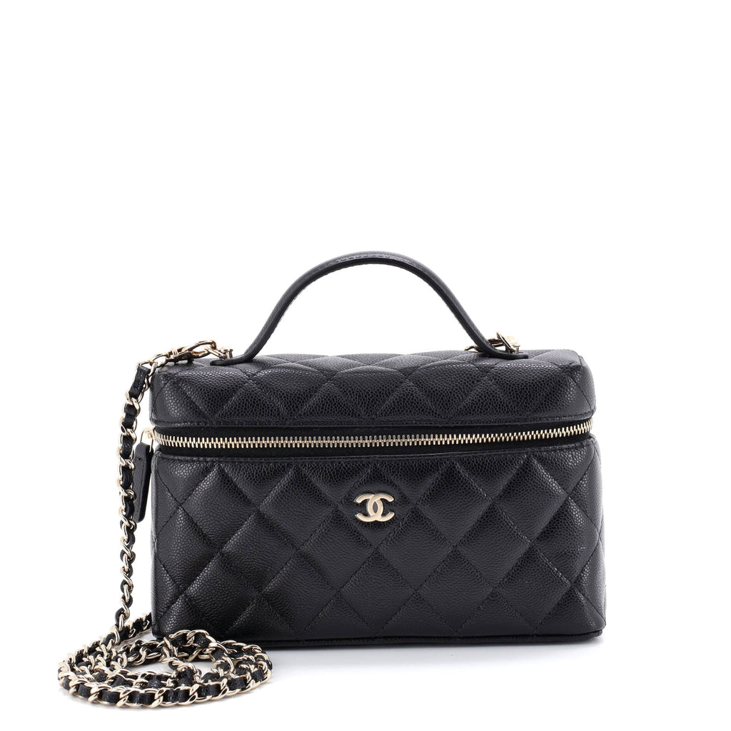 Classic Top Handle Vanity Case with Chain Quilted Caviar Small
