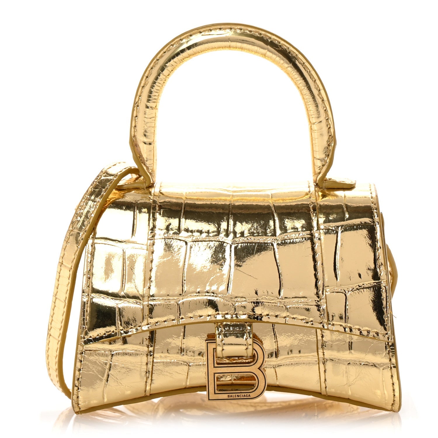 Metallic Calfskin Crocodile Embossed Hourglass Top Handle Bag Mini Gold