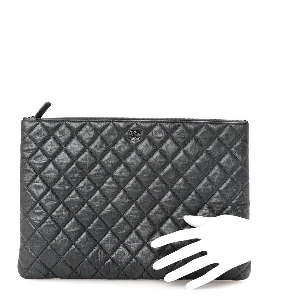 Aged Calfskin Quilted Large Tassel Cosmetic Case Dark Grey