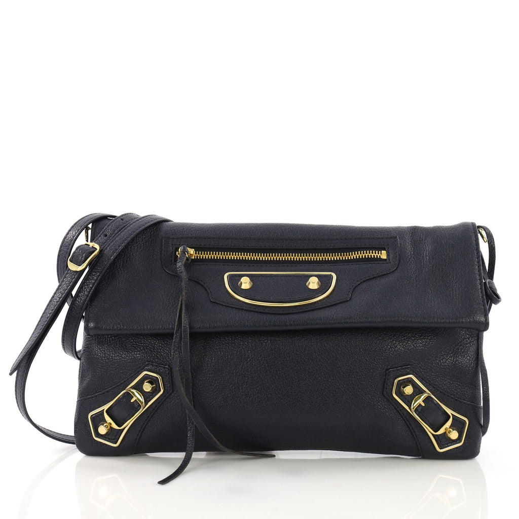 Envelope Strap Classic Studs Metallic Edge Clutch Leather