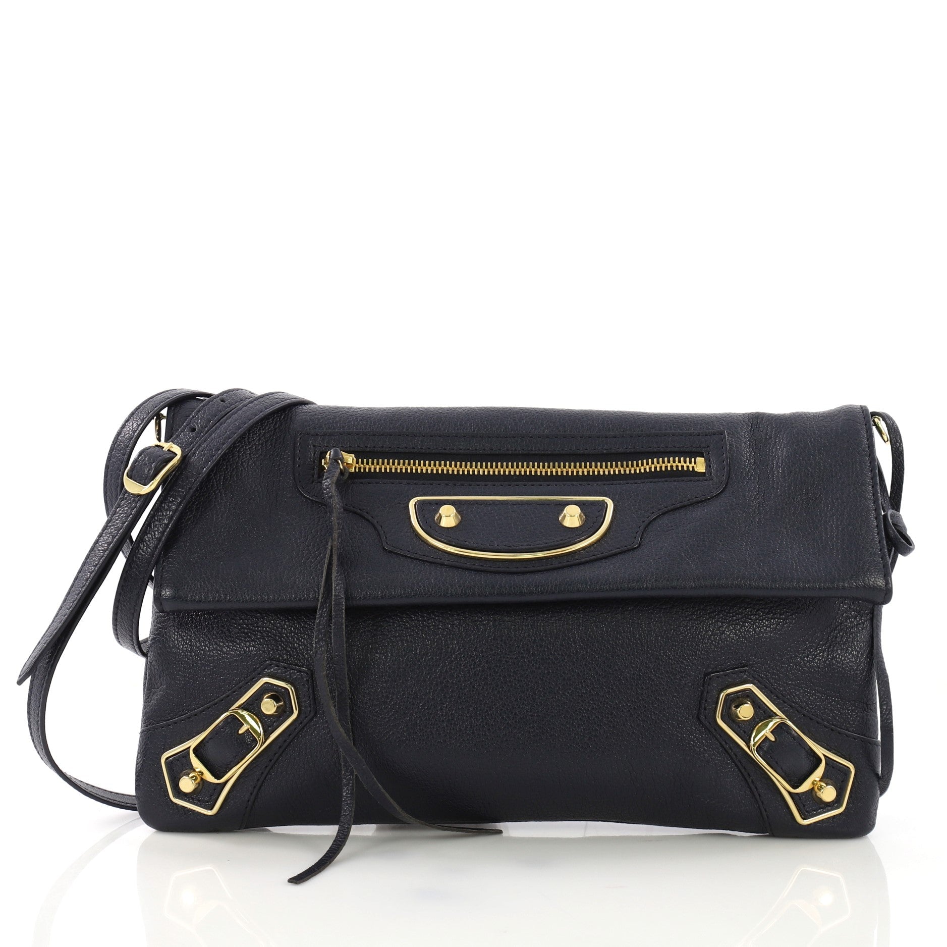 Envelope Strap Classic Studs Metallic Edge Clutch Leather