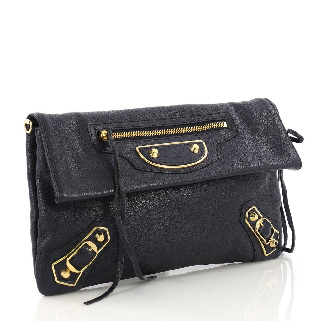 Envelope Strap Classic Studs Metallic Edge Clutch Leather