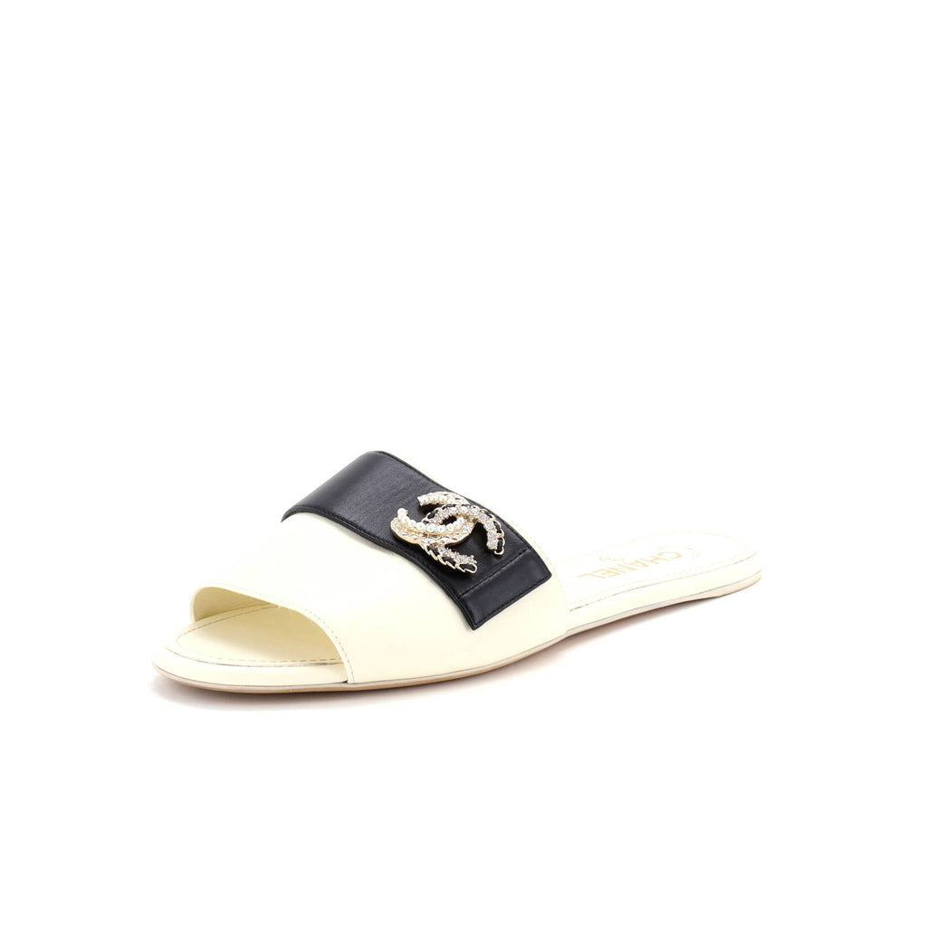 Women's Embellished CC Slide Sandals Leather with Crystals and Faux Pearls