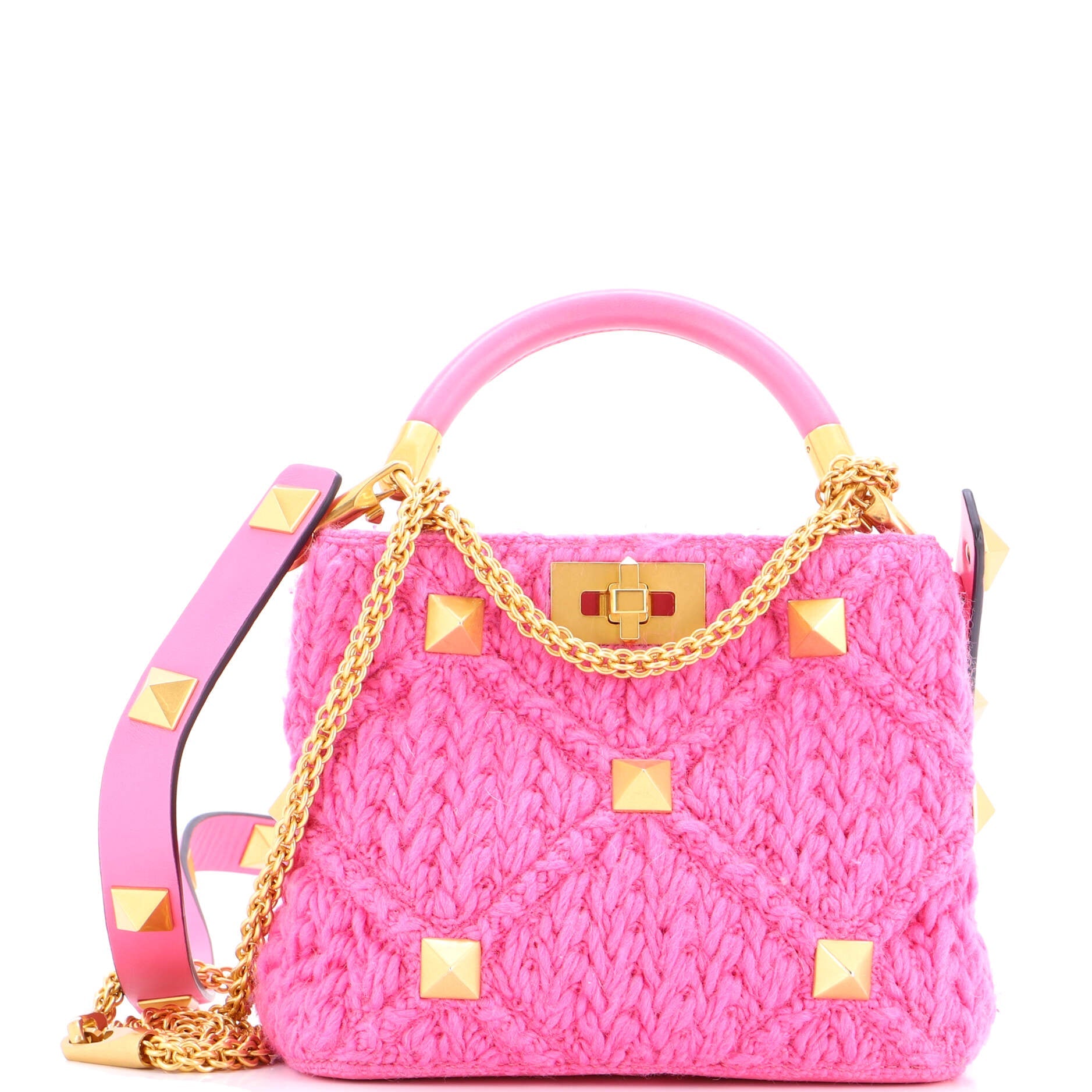 Roman Stud Top Handle Bag Woven Wool with Leather Small