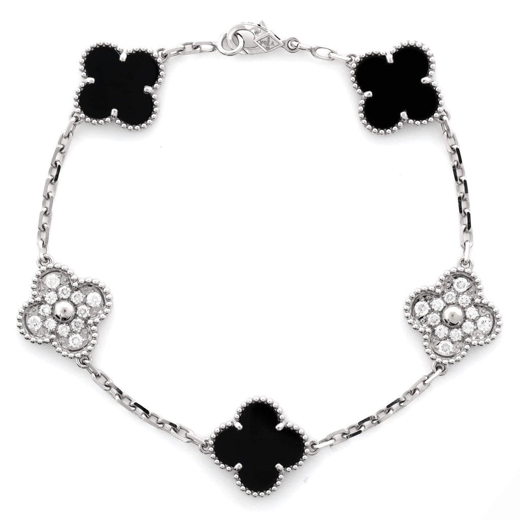 Vintage Alhambra 5 Motifs Bracelet 18K White Gold and Onyx with Diamonds