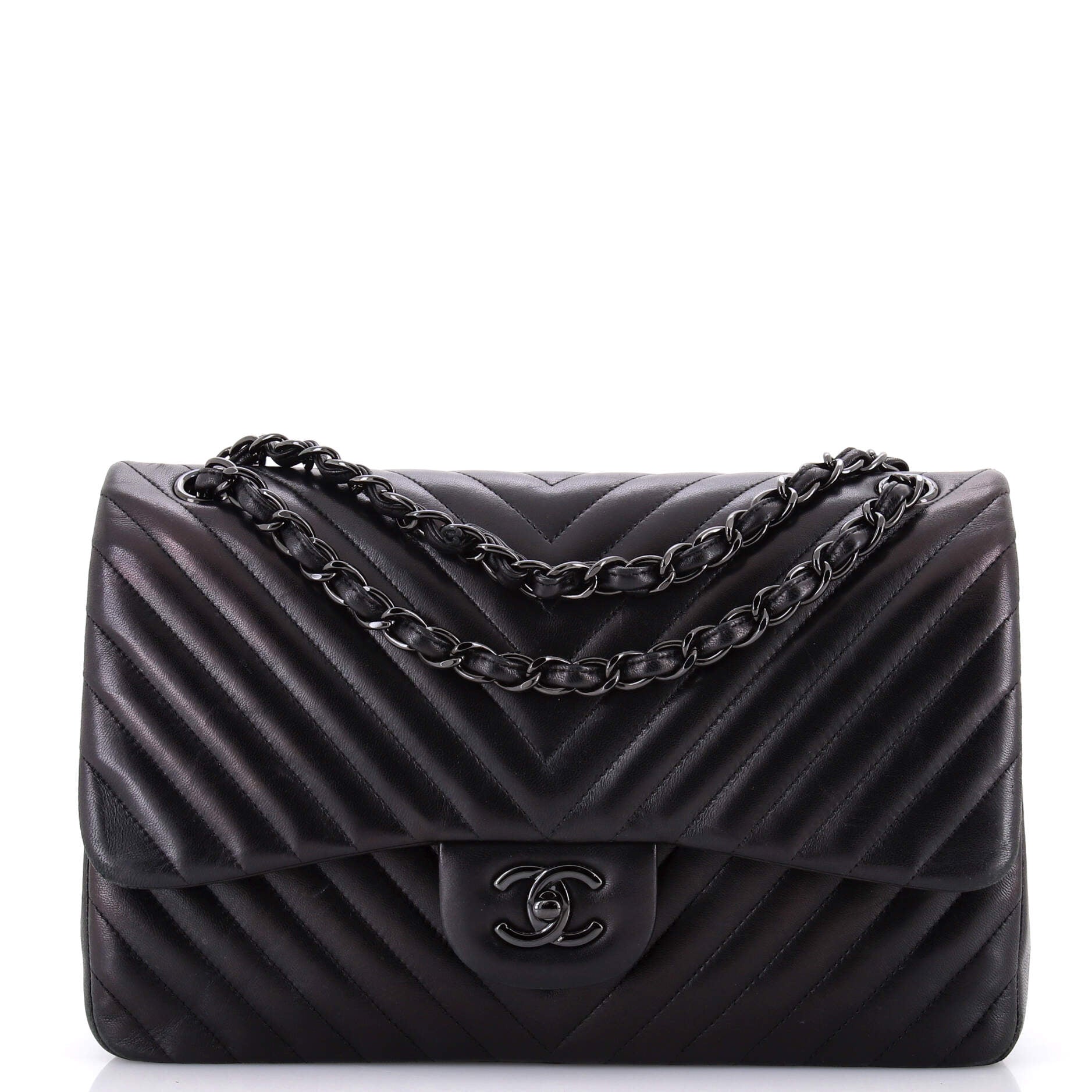 So Black Classic Double Flap Bag Chevron Lambskin Jumbo
