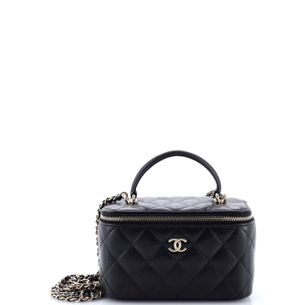 Classic Top Handle Vanity Case with Chain Quilted Lambskin Small