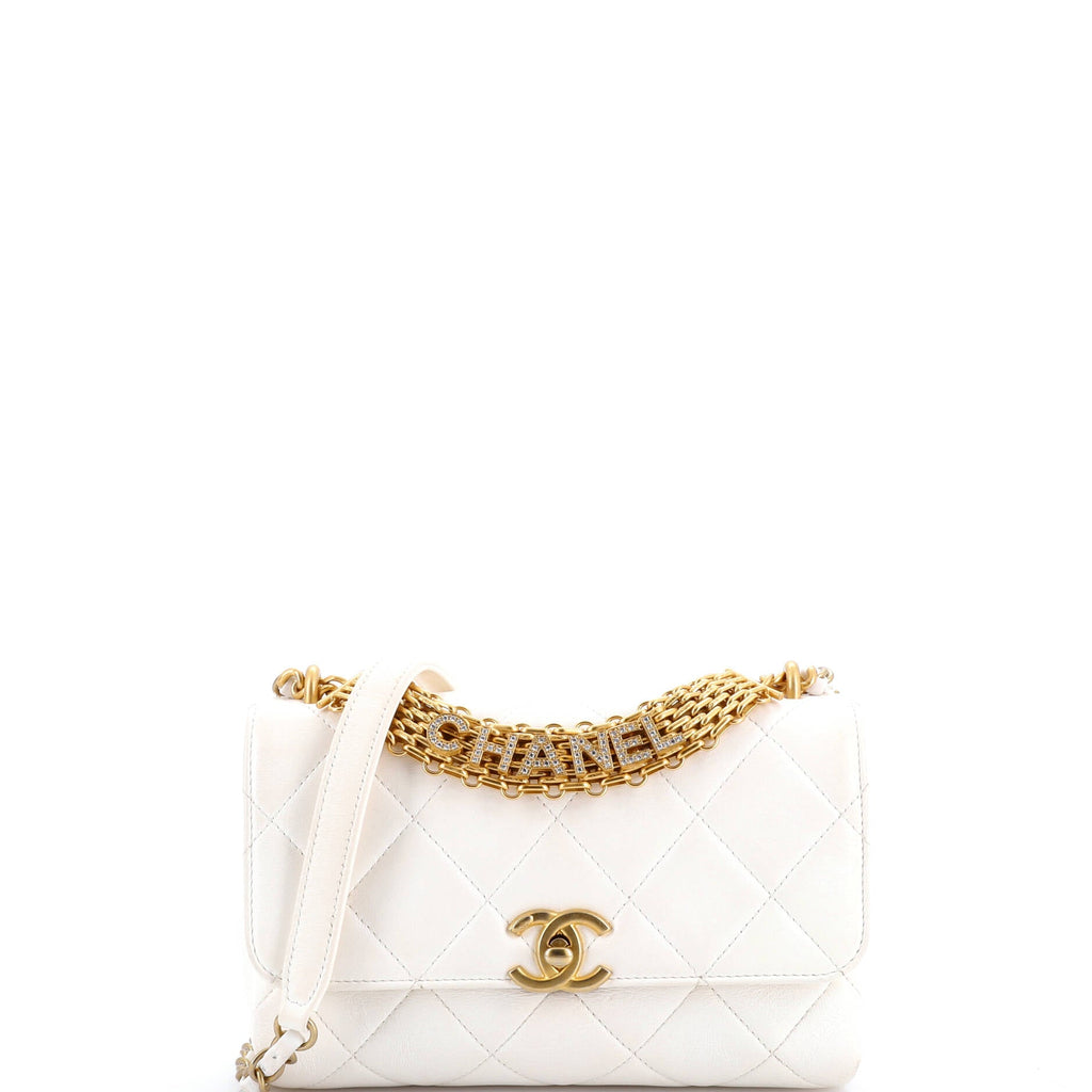 Crystal Logo Letters Chain Handle Flap Bag Quilted Lambskin Small