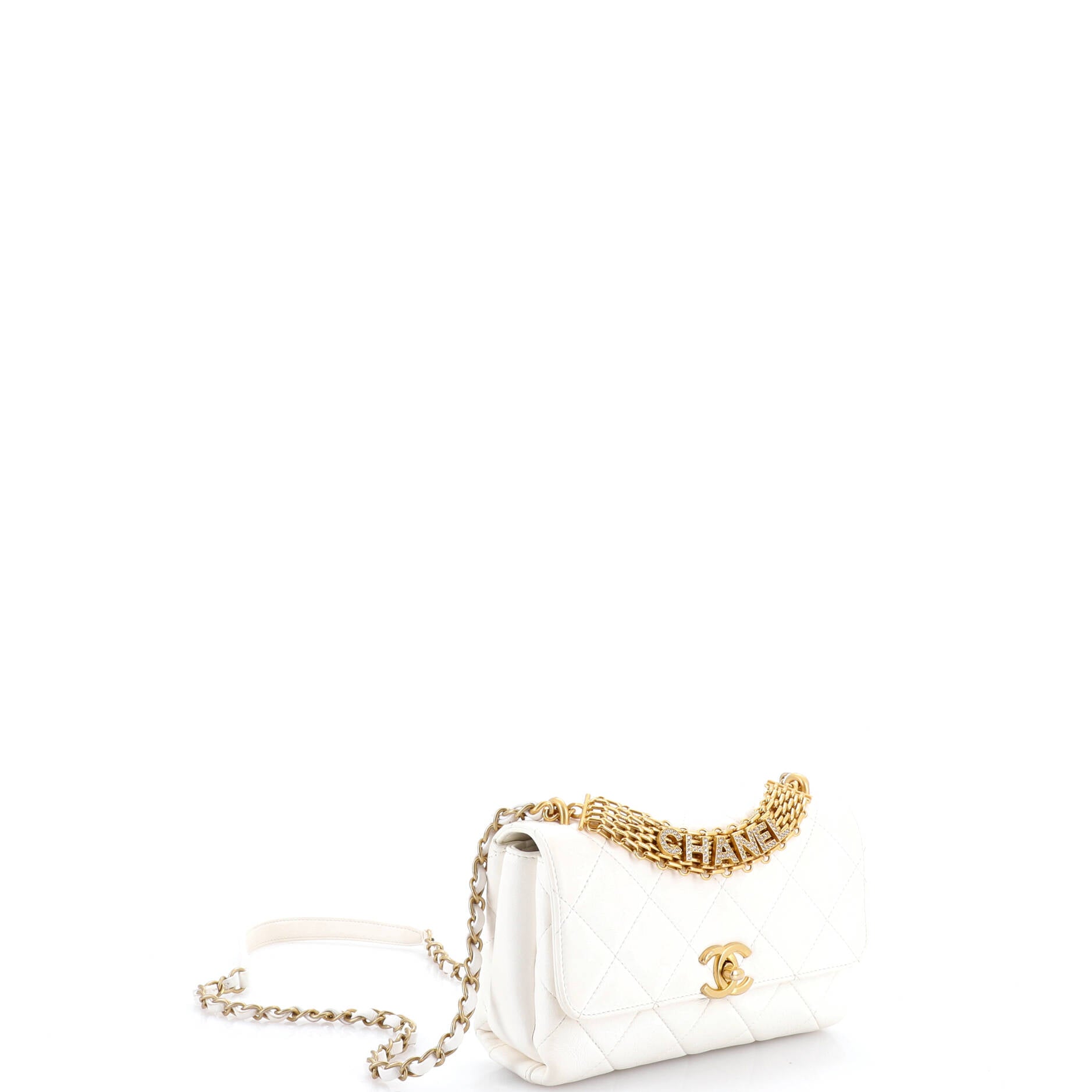 Crystal Logo Letters Chain Handle Flap Bag Quilted Lambskin Small