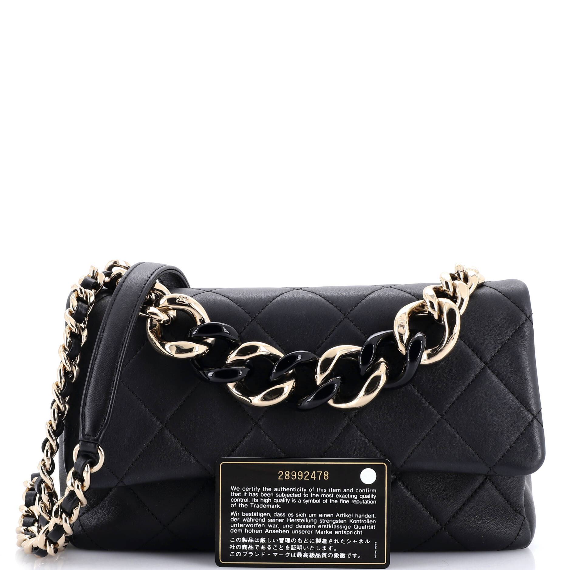 Resin Elegant Chain Flap Bag Quilted Lambskin Large