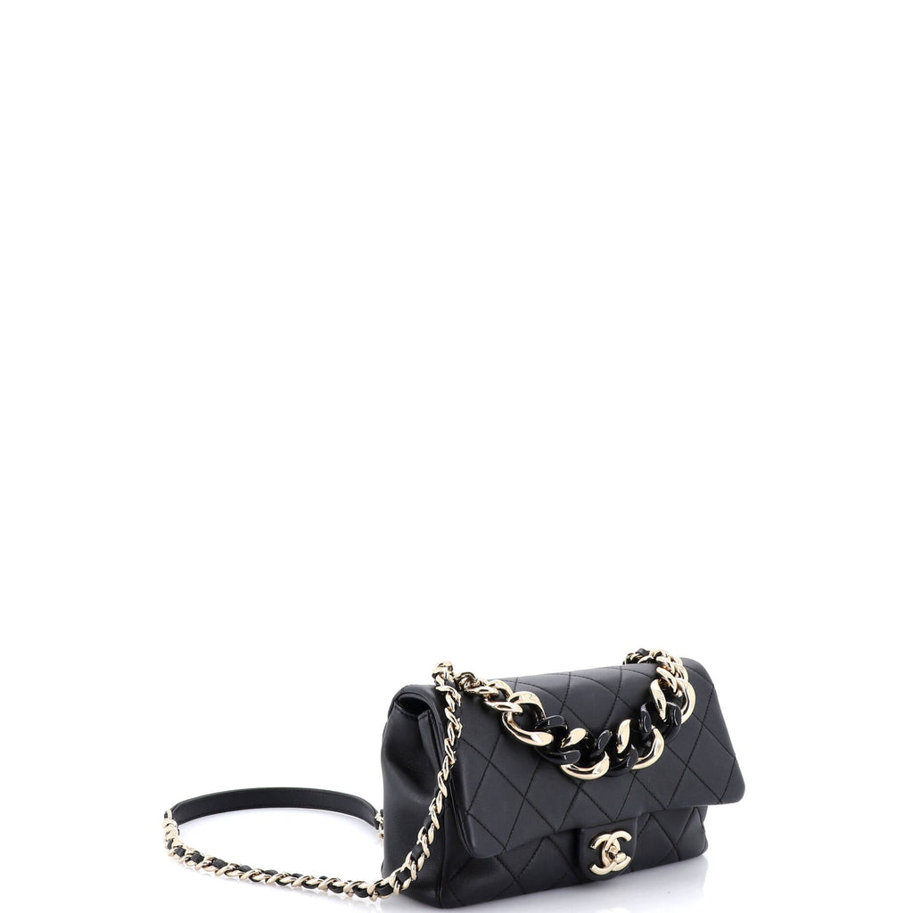 Resin Elegant Chain Flap Bag Quilted Lambskin Large