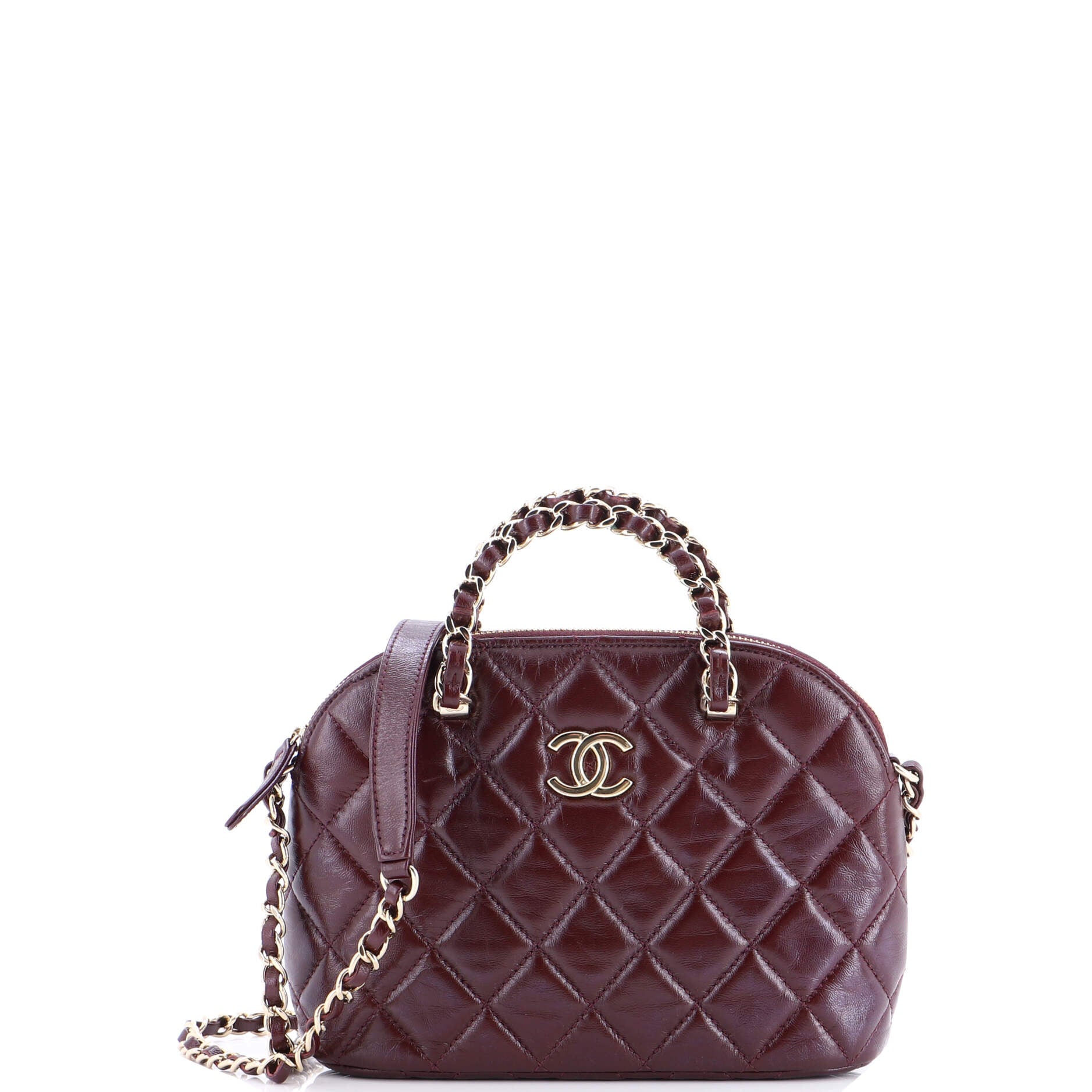 CC Dome Zip Clutch with Chain Quilted Shiny Lambskin Mini