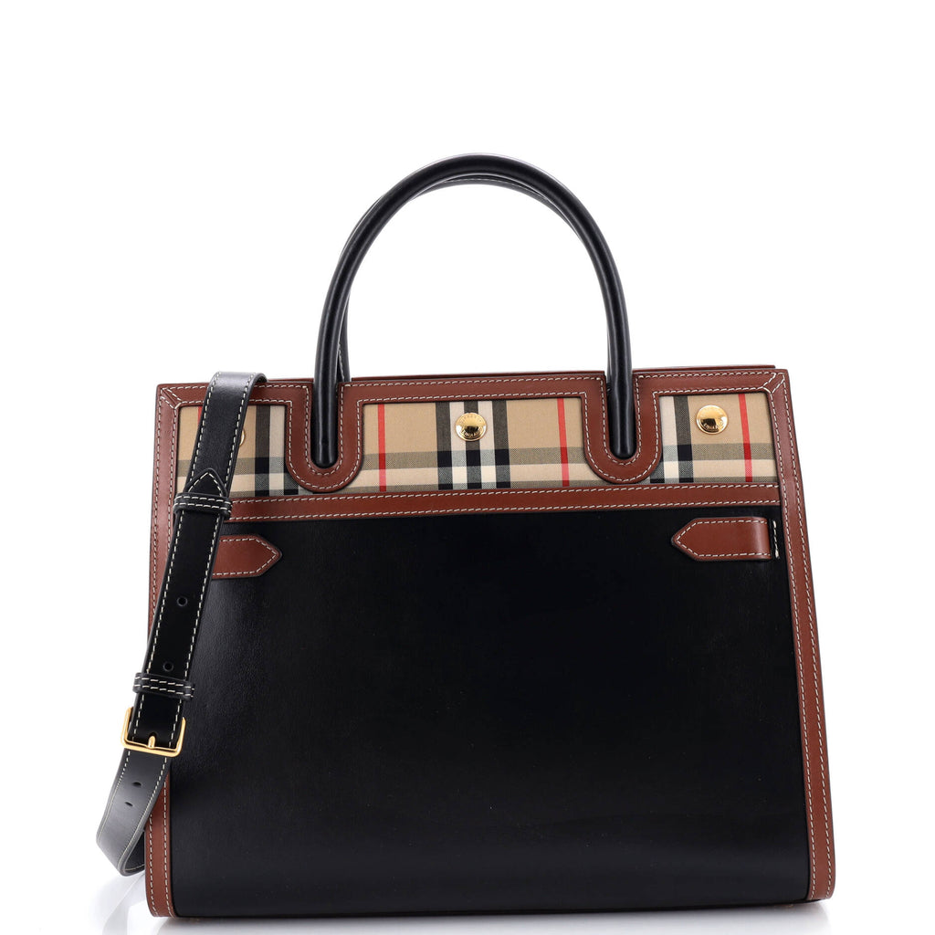 Title Two Handle Tote Leather with Vintage Check Canvas Small