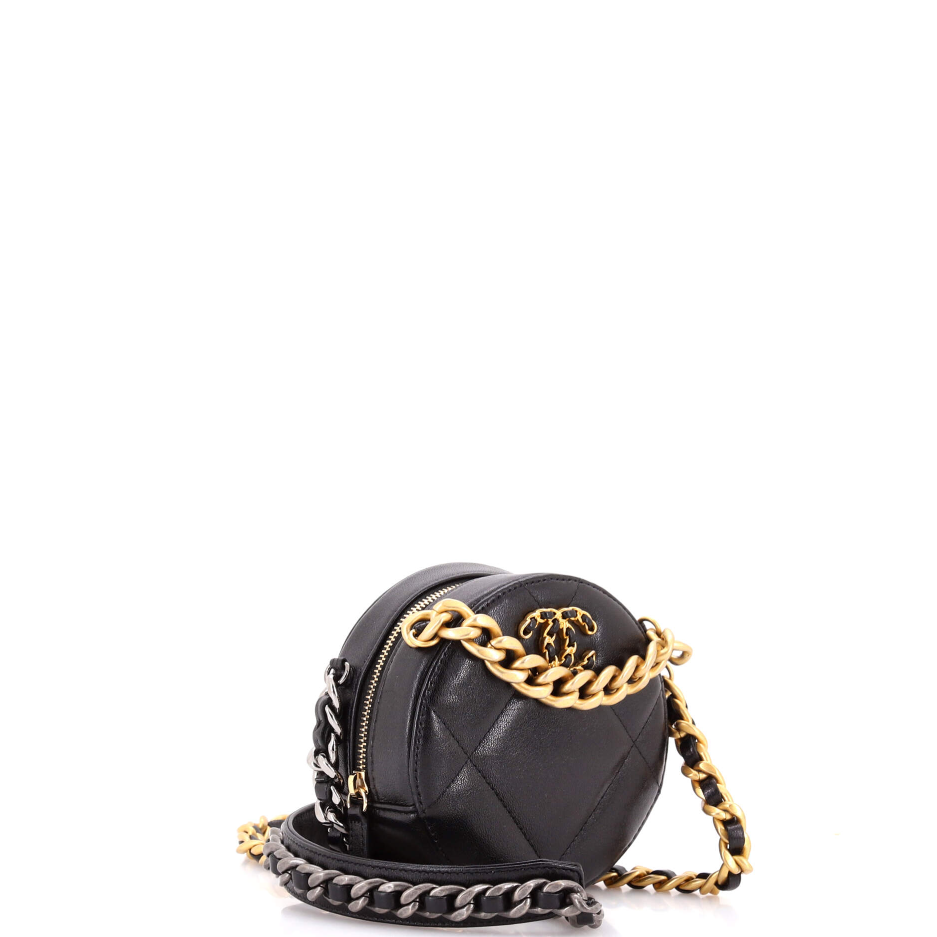 19 Round Clutch with Chain Quilted Leather