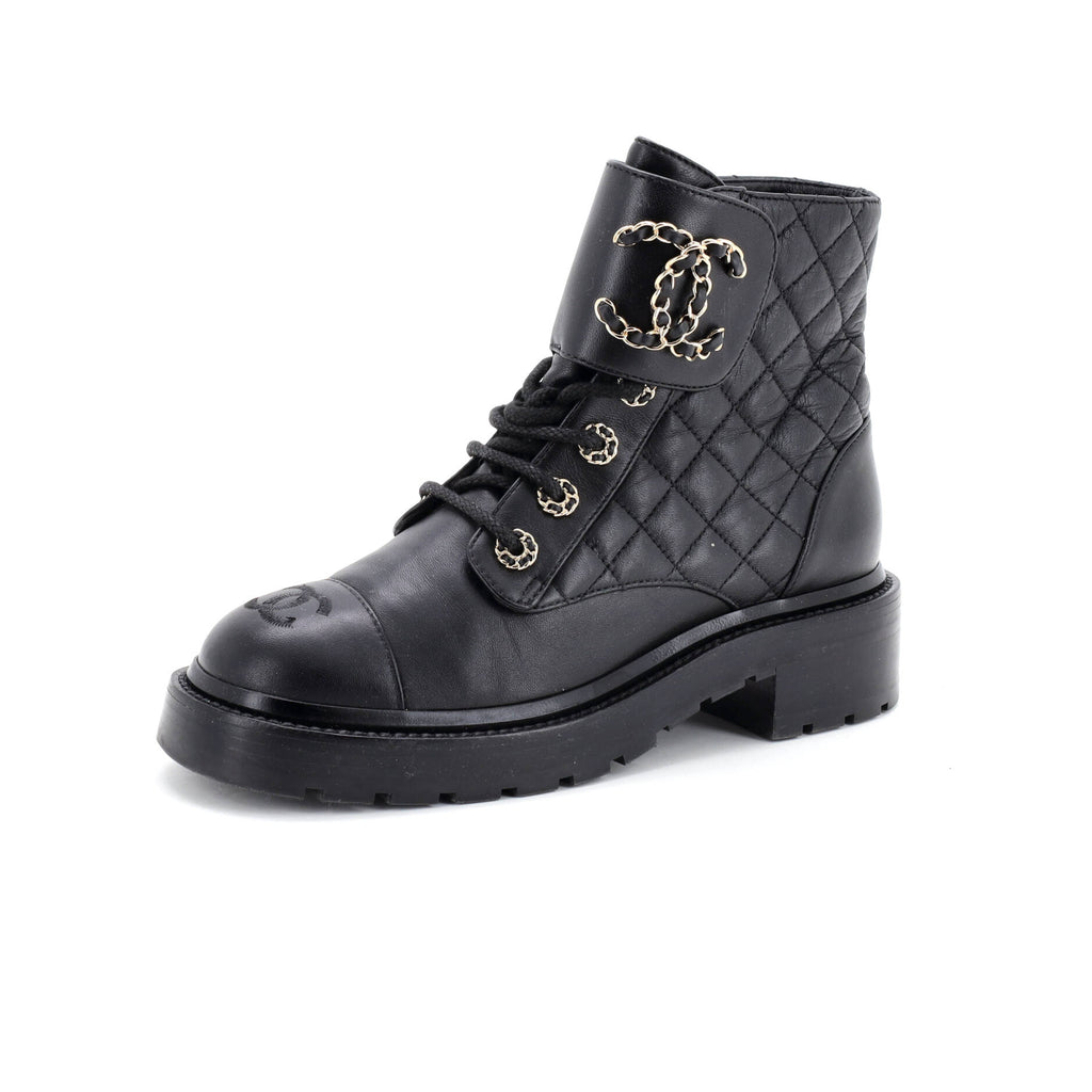 Women's Chain CC Cap Toe Lace Up Combat Boots Quilted Leather