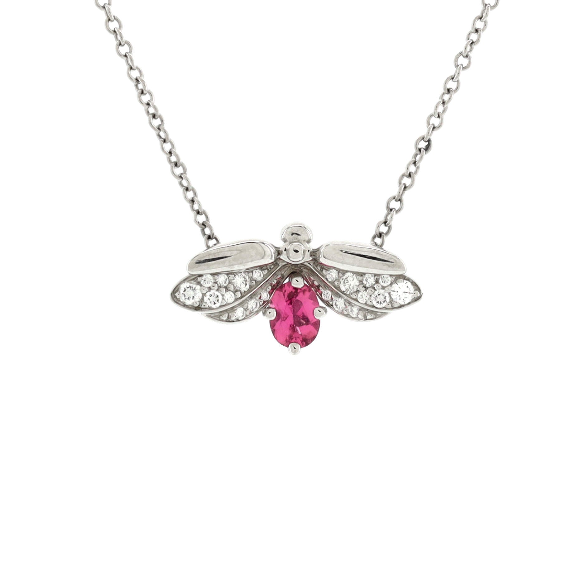 Paper Flowers Firefly Pendant Necklace Platinum with Diamonds and Pink Tourmaline Small