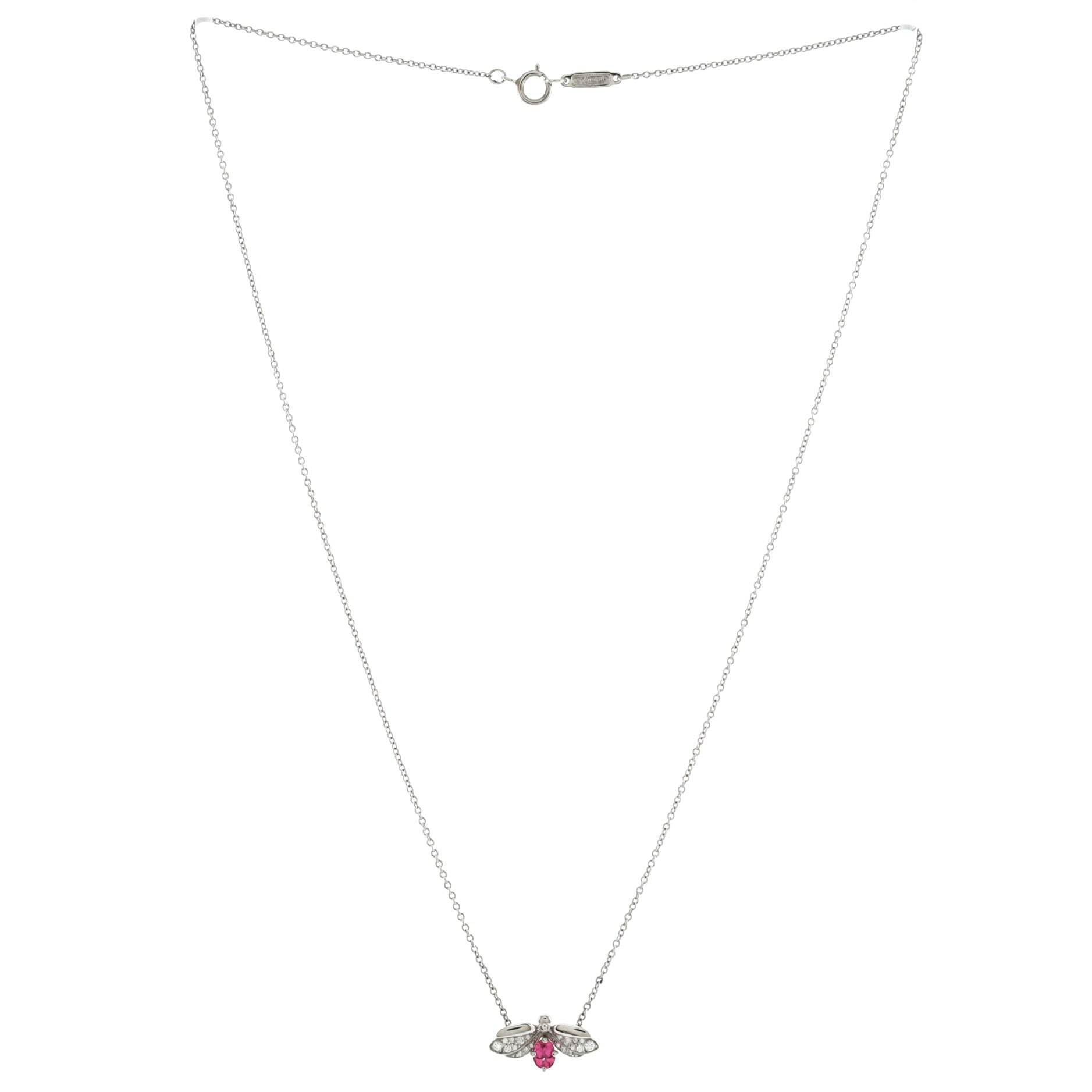 Paper Flowers Firefly Pendant Necklace Platinum with Diamonds and Pink Tourmaline Small