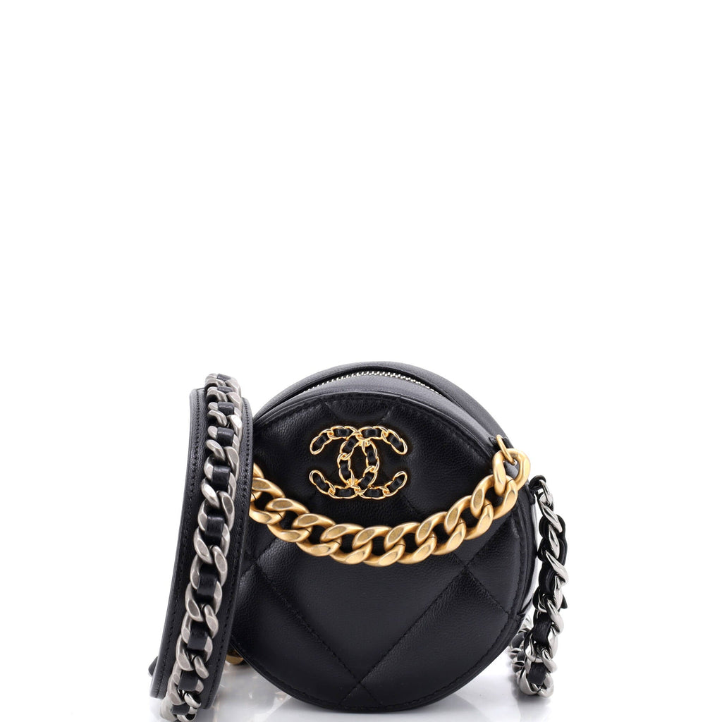 19 Round Clutch with Chain Quilted Leather