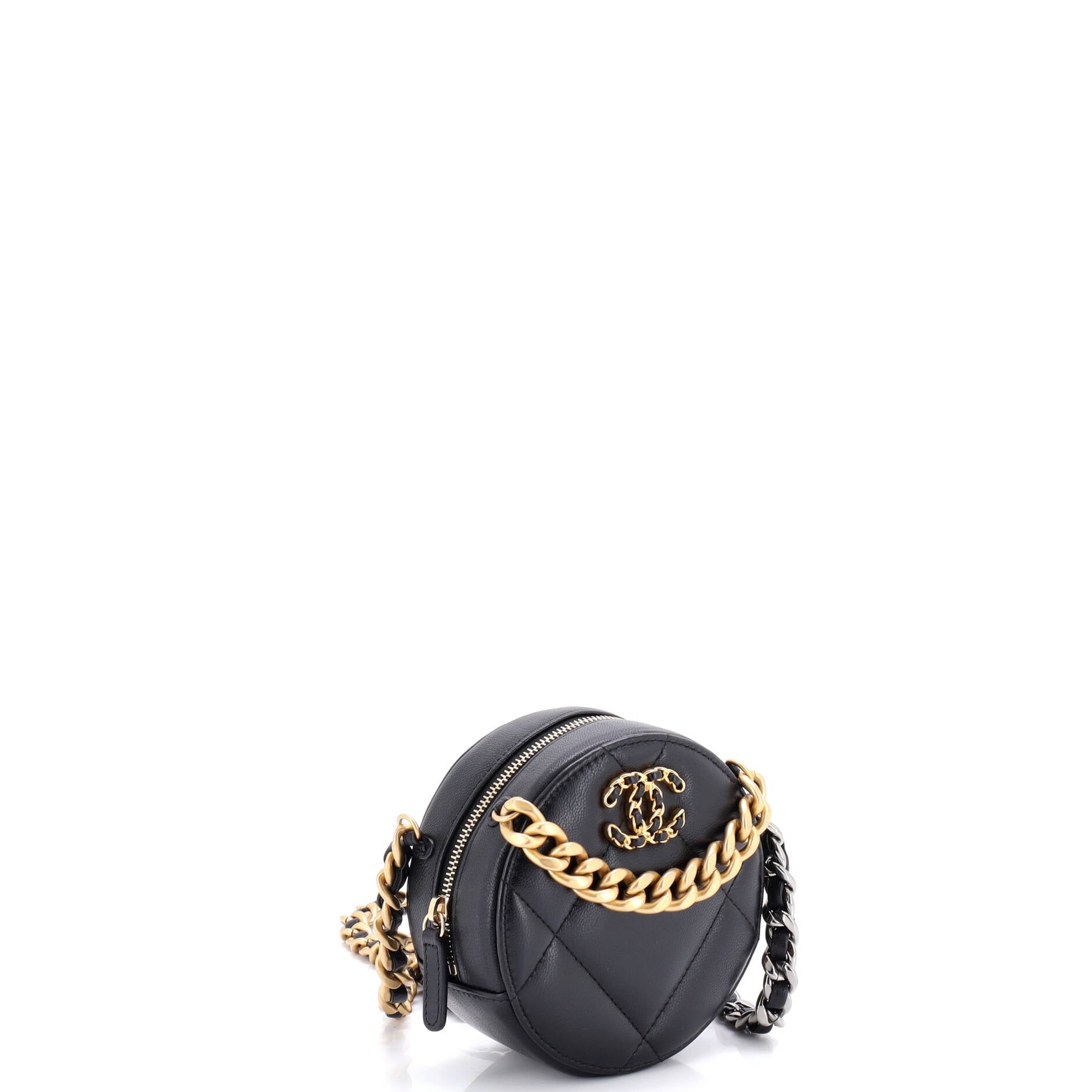 19 Round Clutch with Chain Quilted Leather
