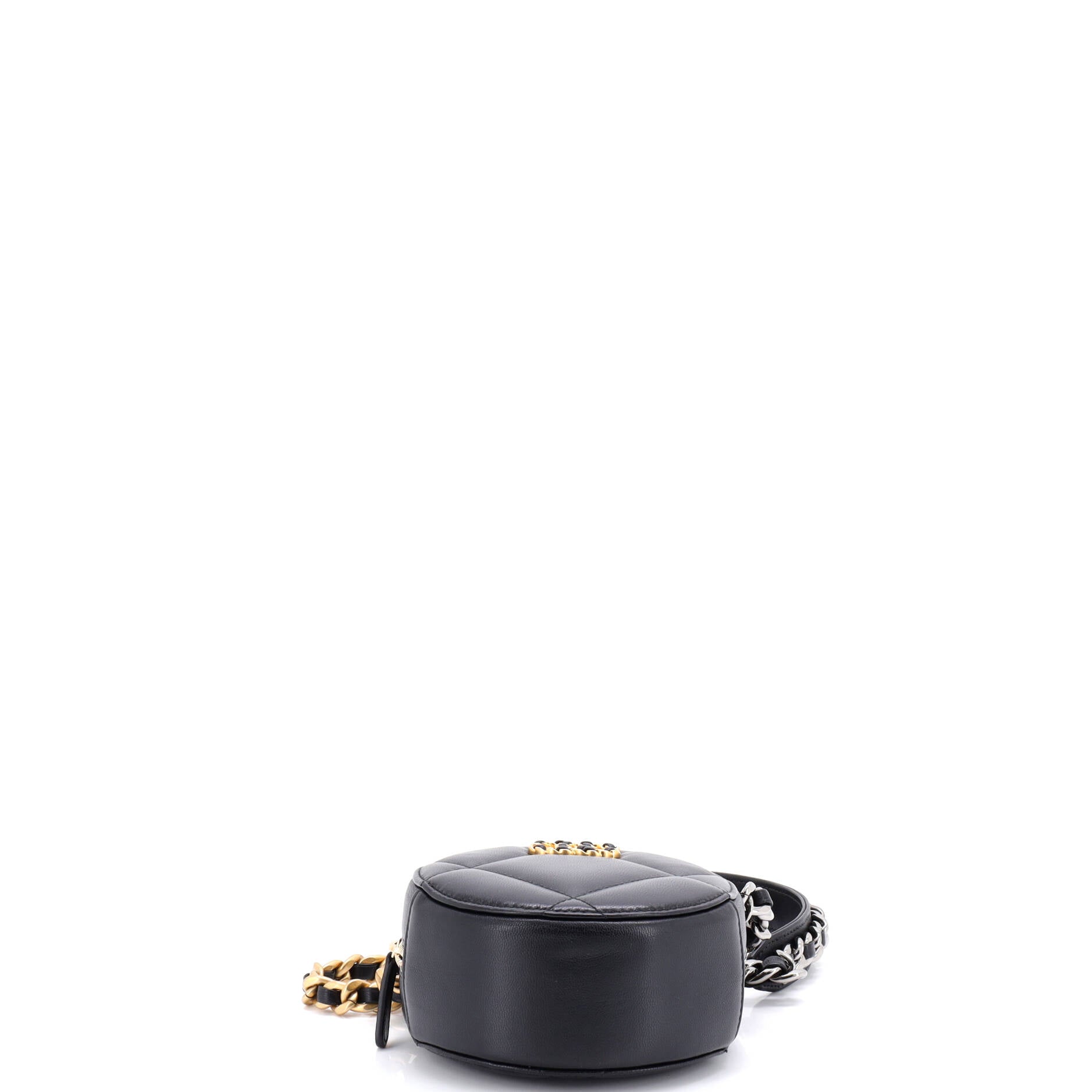 19 Round Clutch with Chain Quilted Leather