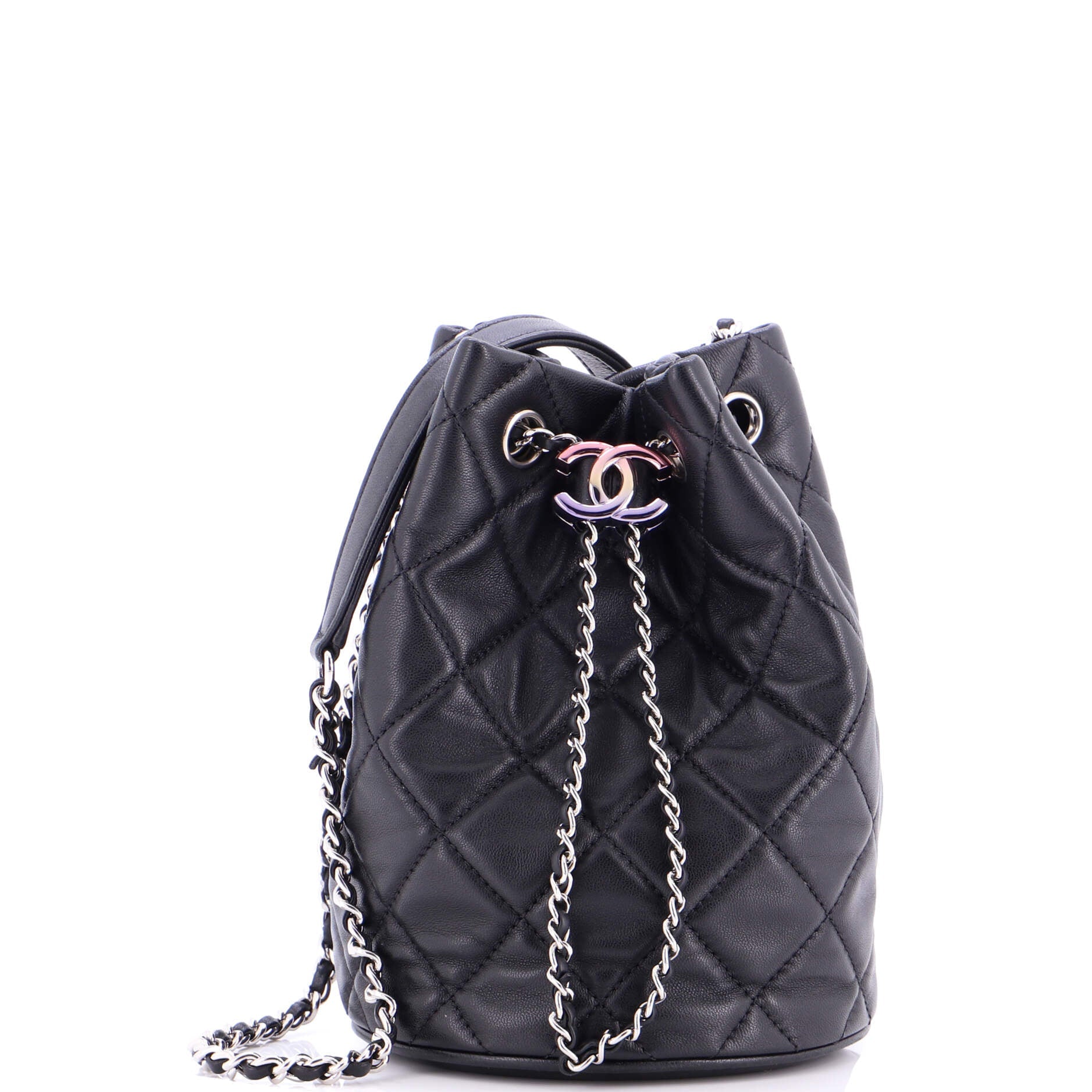 Rainbow CC Drawstring Bucket Bag Quilted Lambskin Mini