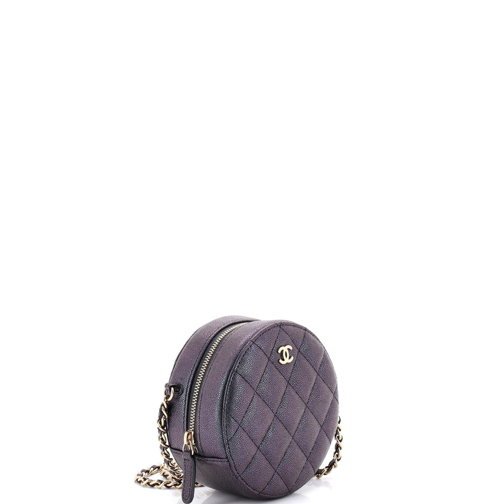 Round Clutch with Chain Quilted Iridescent Caviar Mini