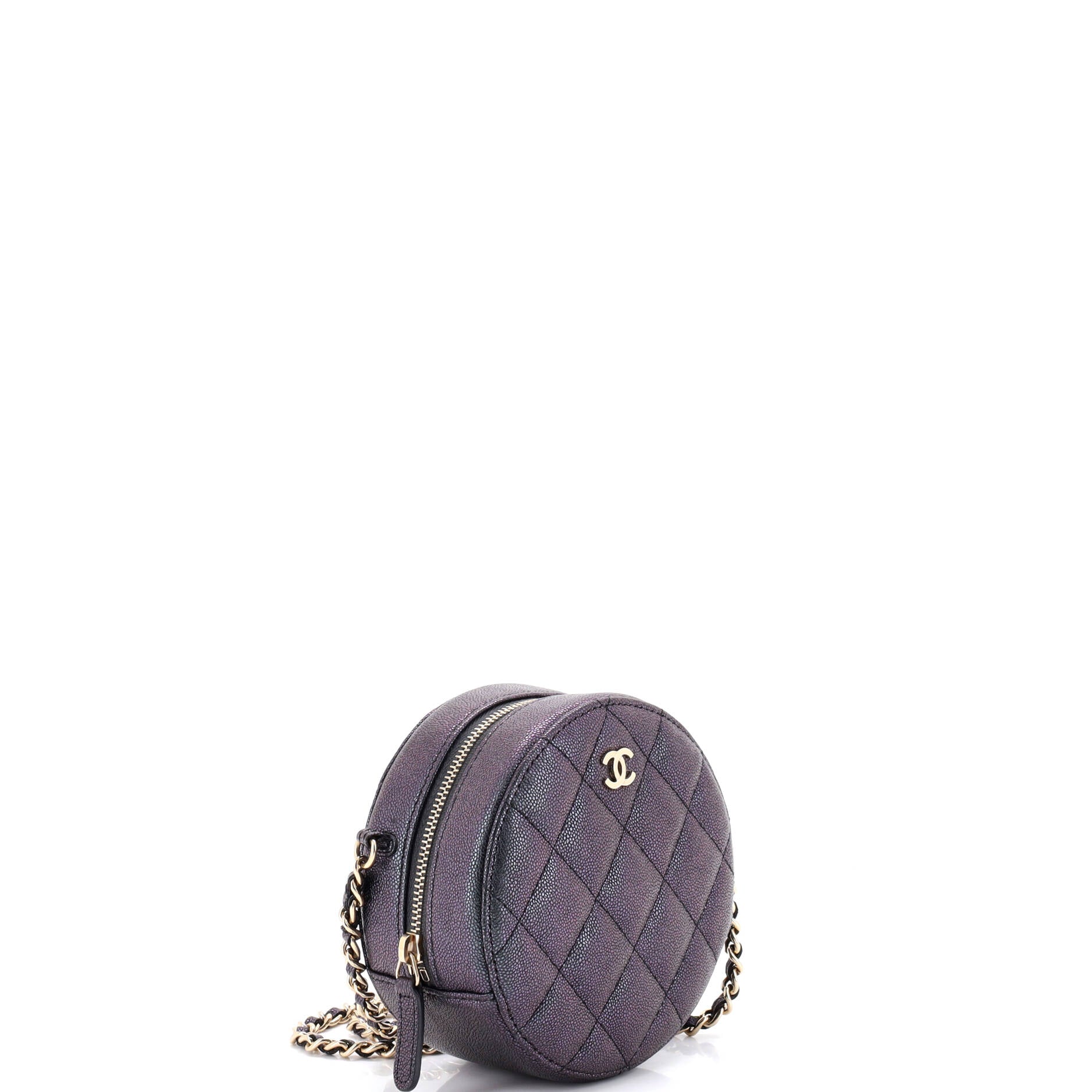 Round Clutch with Chain Quilted Iridescent Caviar Mini