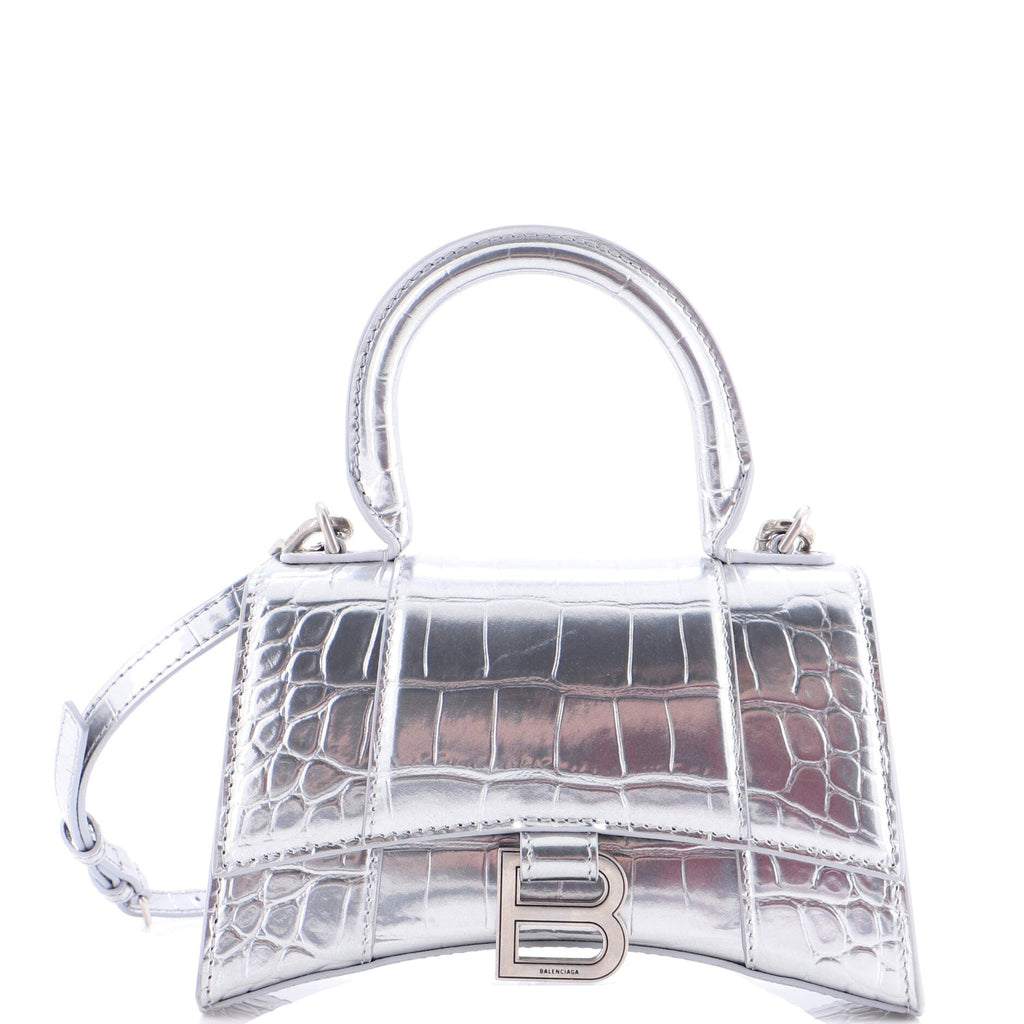 Hourglass Top Handle Bag Crocodile Embossed Leather XS