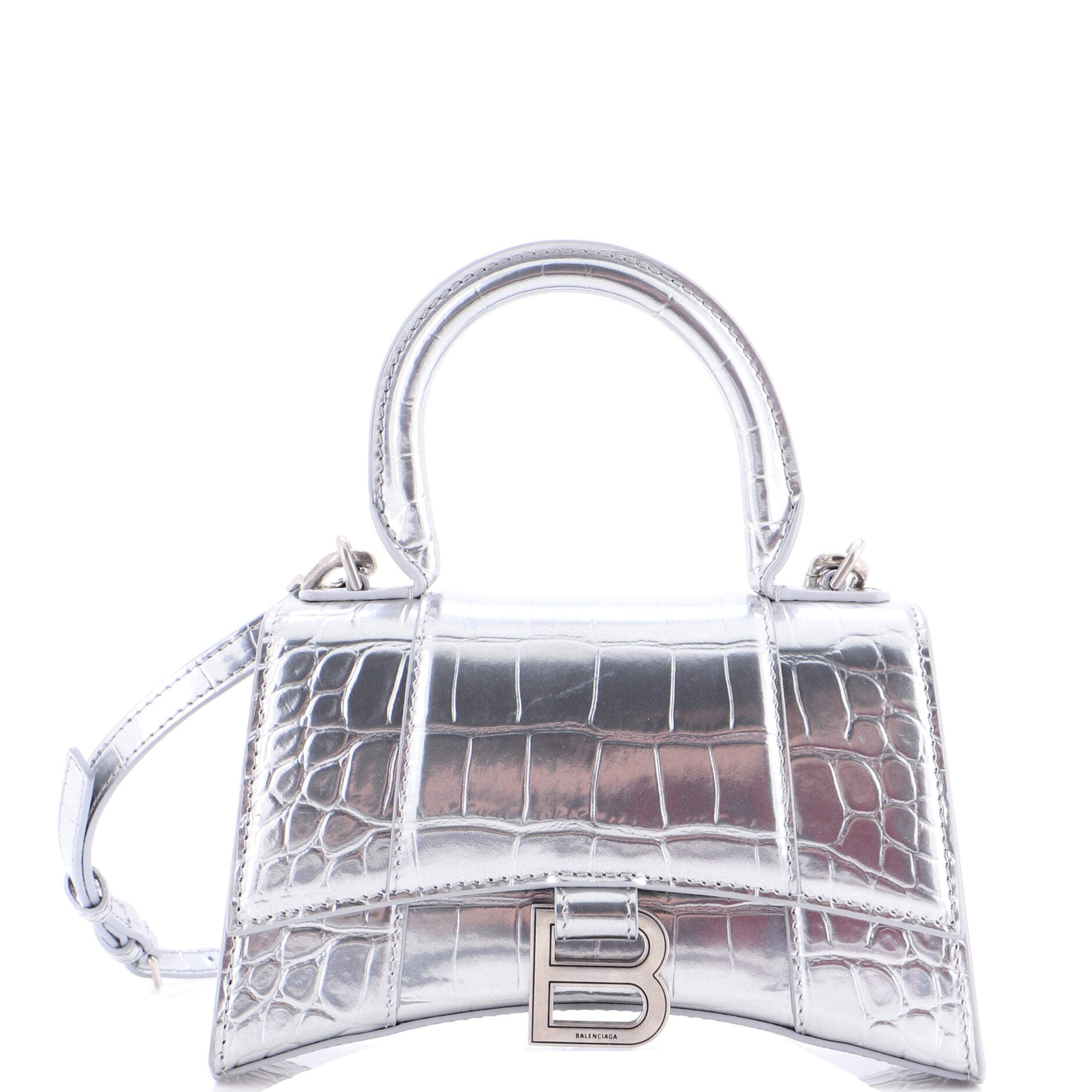 Hourglass Top Handle Bag Crocodile Embossed Leather XS