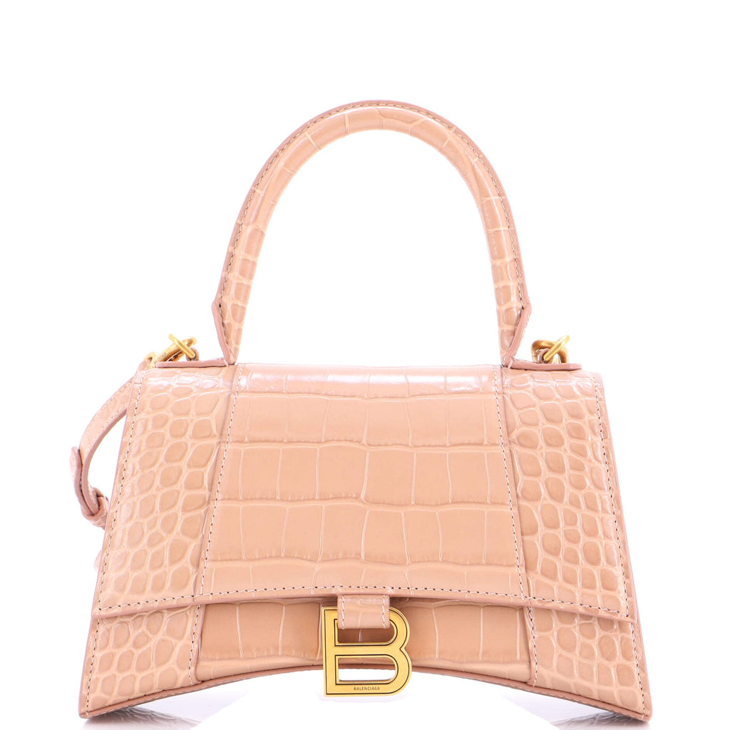 Hourglass Top Handle Bag Crocodile Embossed Leather Small