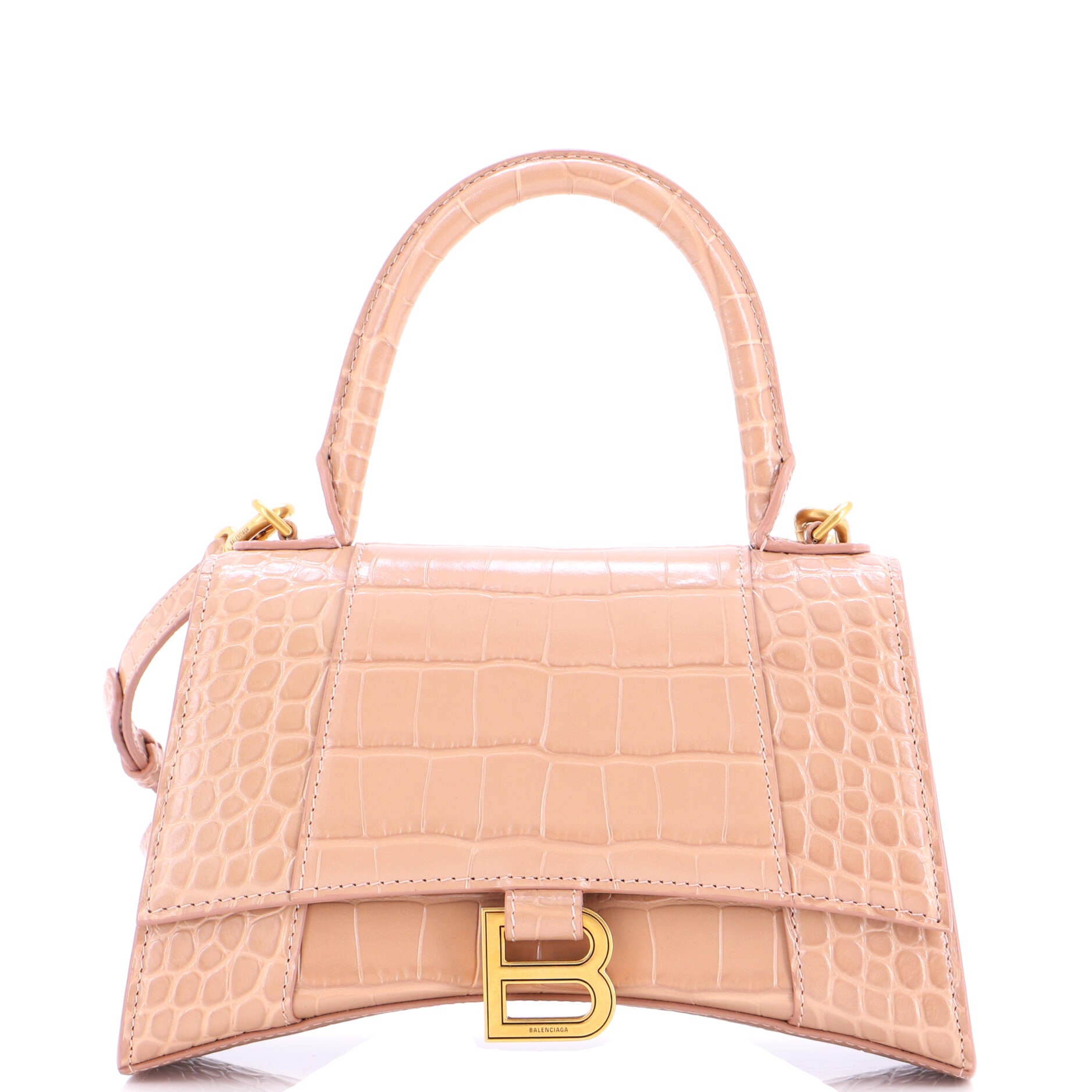 Hourglass Top Handle Bag Crocodile Embossed Leather Small