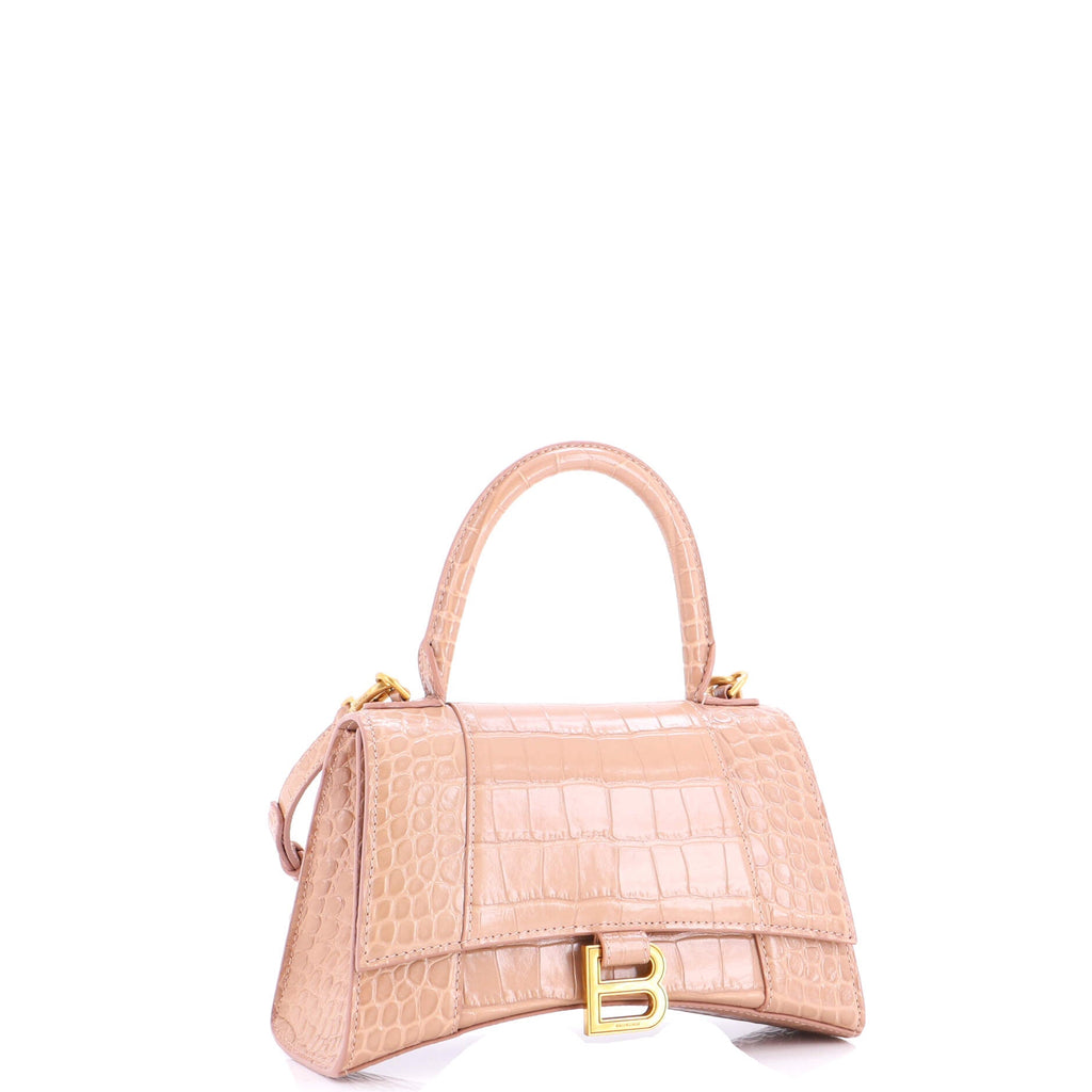Hourglass Top Handle Bag Crocodile Embossed Leather Small