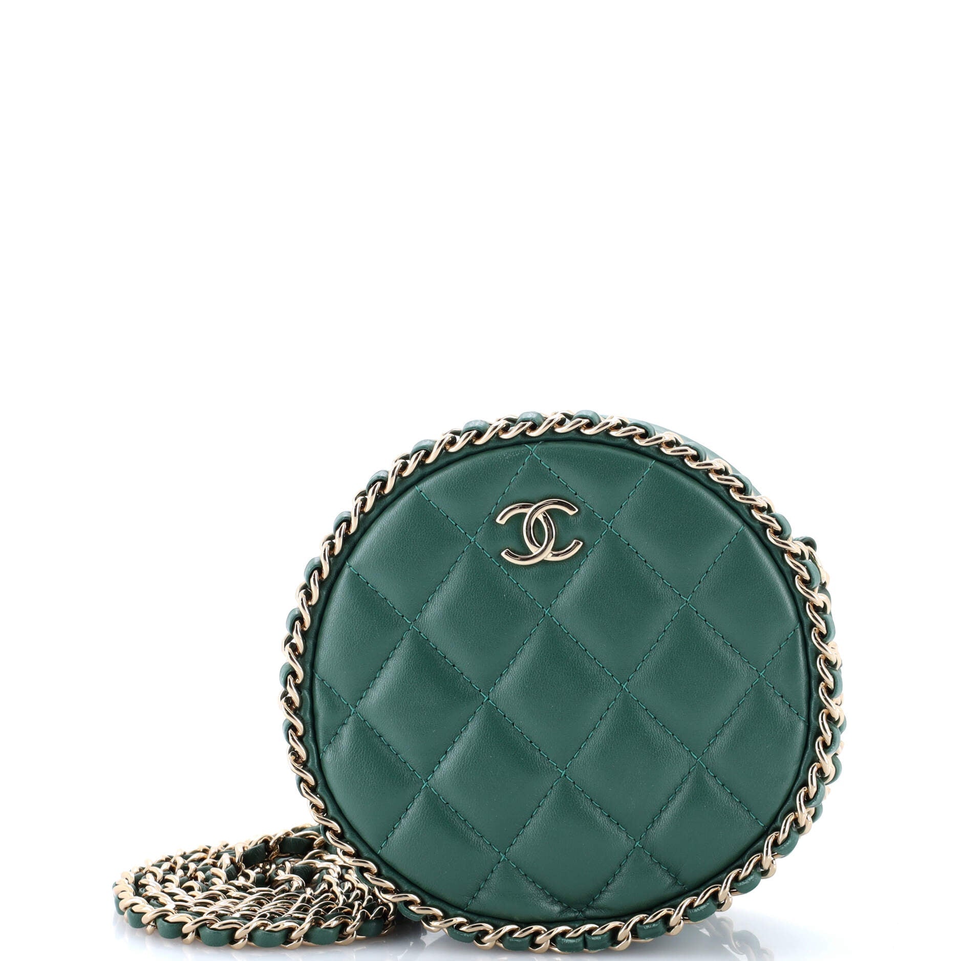 Chain Around Round Clutch with Chain Quilted Lambskin