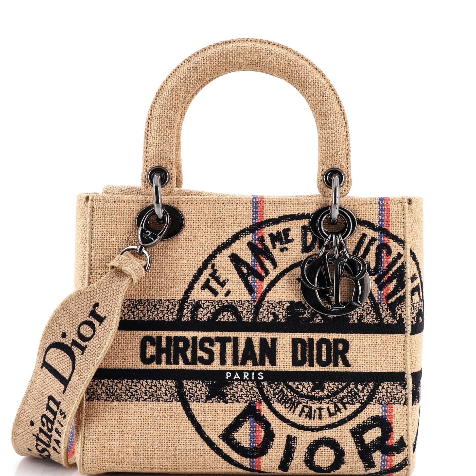 Lady D-Lite Bag Embroidered Jute Canvas Medium