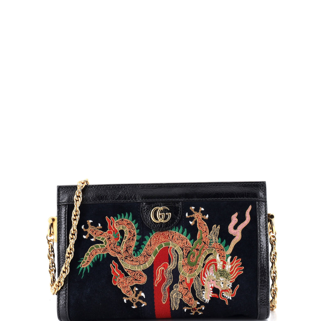 Ophidia Chain Shoulder Bag Embroidered Suede Small