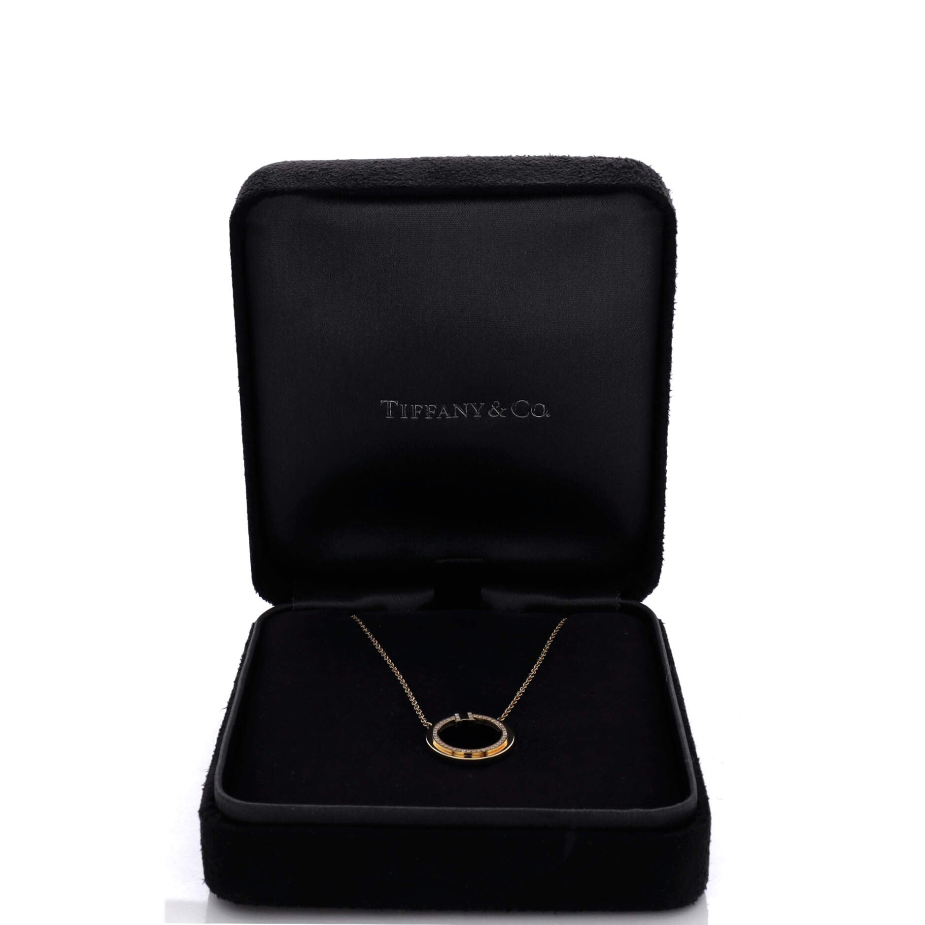 T Circle Pendant Necklace 18K Yellow Gold with Onyx and Diamonds Large