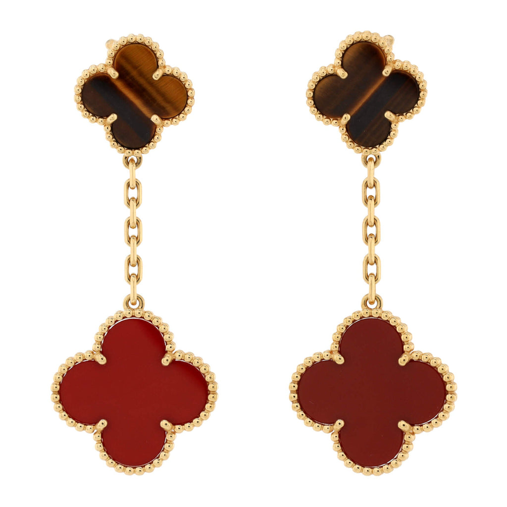 Magic Alhambra 2 Motifs Drop Earrings 18K Yellow Gold with Tiger's Eye and Carnelian
