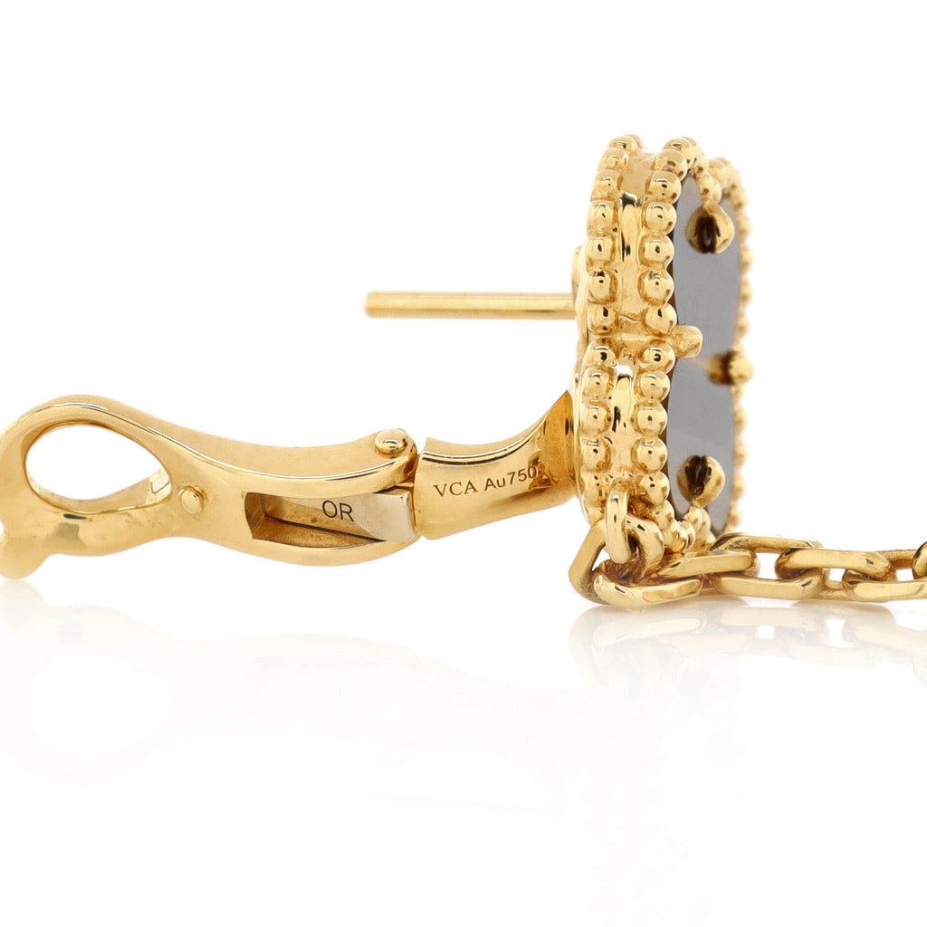Magic Alhambra 2 Motifs Drop Earrings 18K Yellow Gold with Tiger's Eye and Carnelian