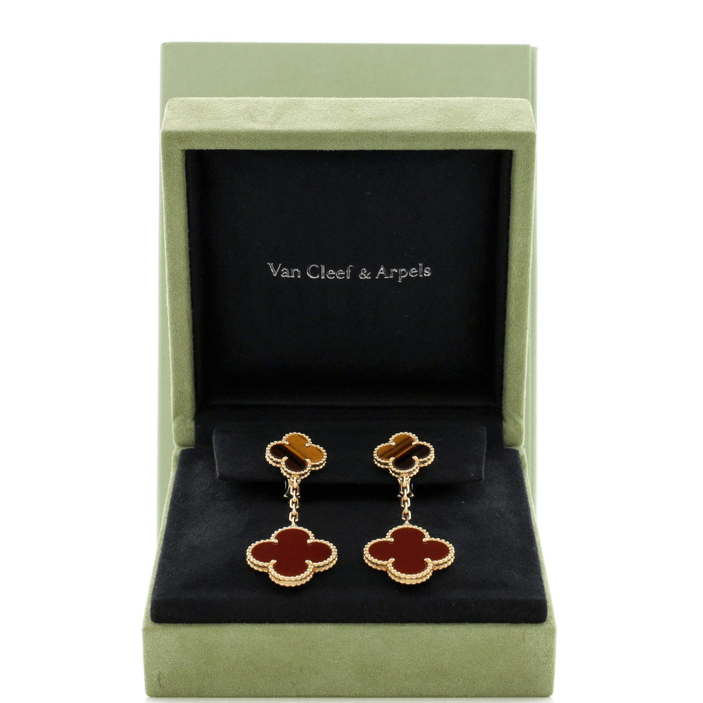 Magic Alhambra 2 Motifs Drop Earrings 18K Yellow Gold with Tiger's Eye and Carnelian