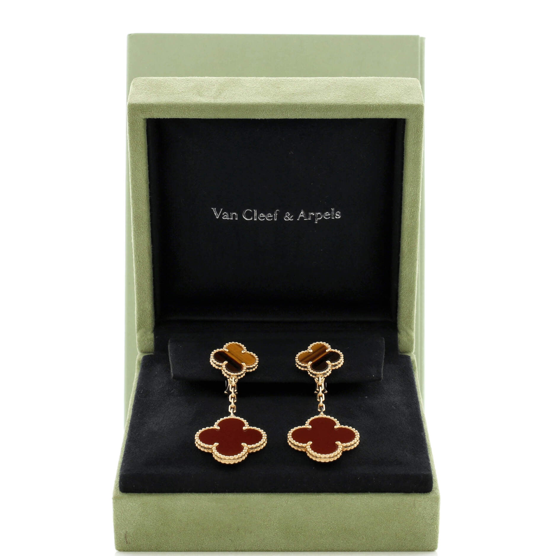Magic Alhambra 2 Motifs Drop Earrings 18K Yellow Gold with Tiger's Eye and Carnelian
