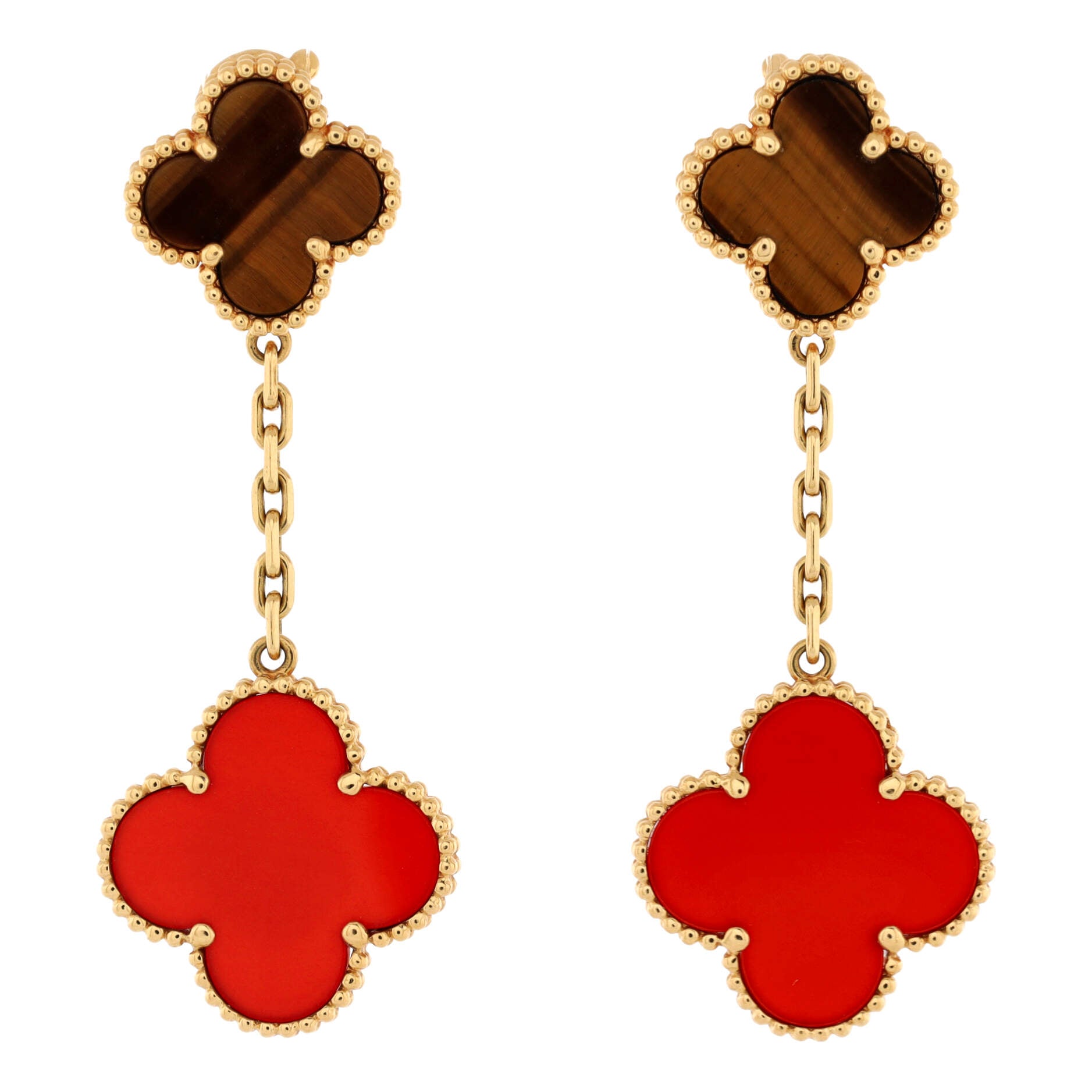 Magic Alhambra 2 Motifs Drop Earrings 18K Yellow Gold with Tiger's Eye and Carnelian