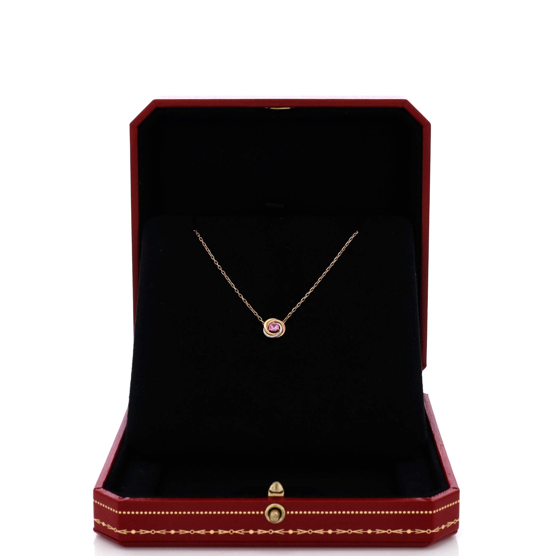 Trinity Diamond Pendant Necklace 18K Tricolor Gold and Pink Sapphire