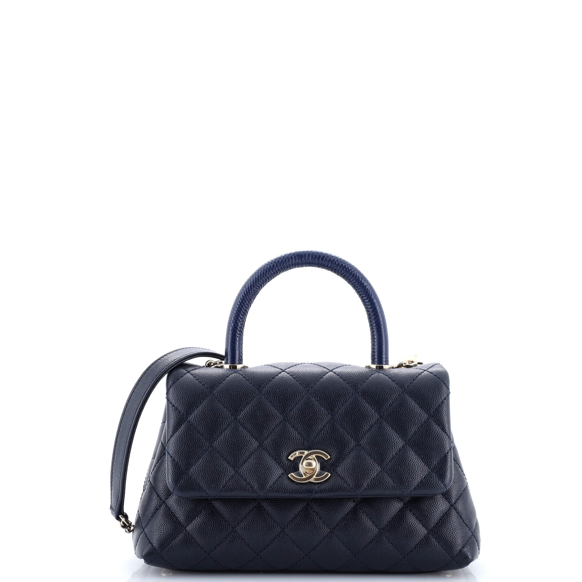 Coco Top Handle Bag Quilted Caviar with Lizard Embossed Handle Mini