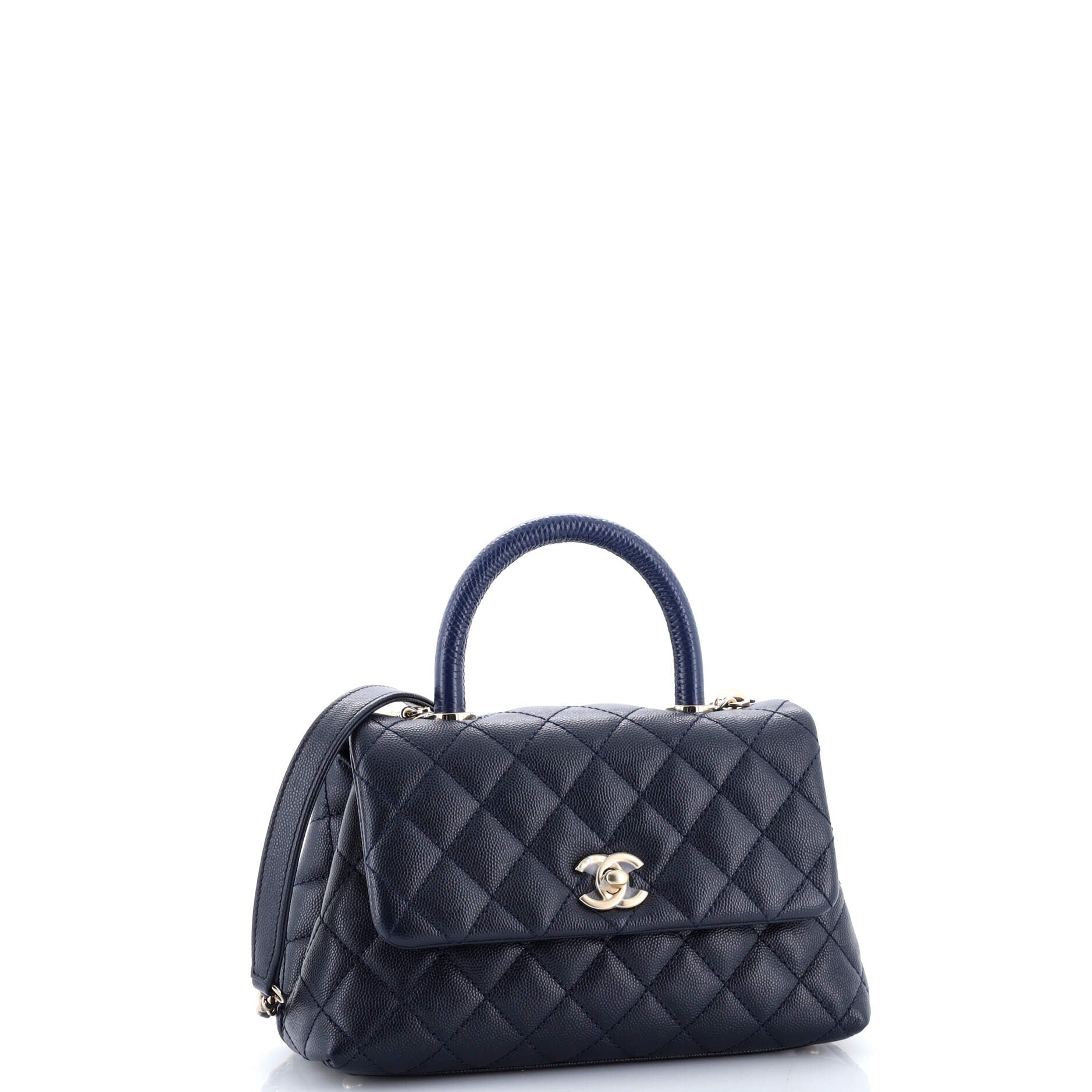 Coco Top Handle Bag Quilted Caviar with Lizard Embossed Handle Mini