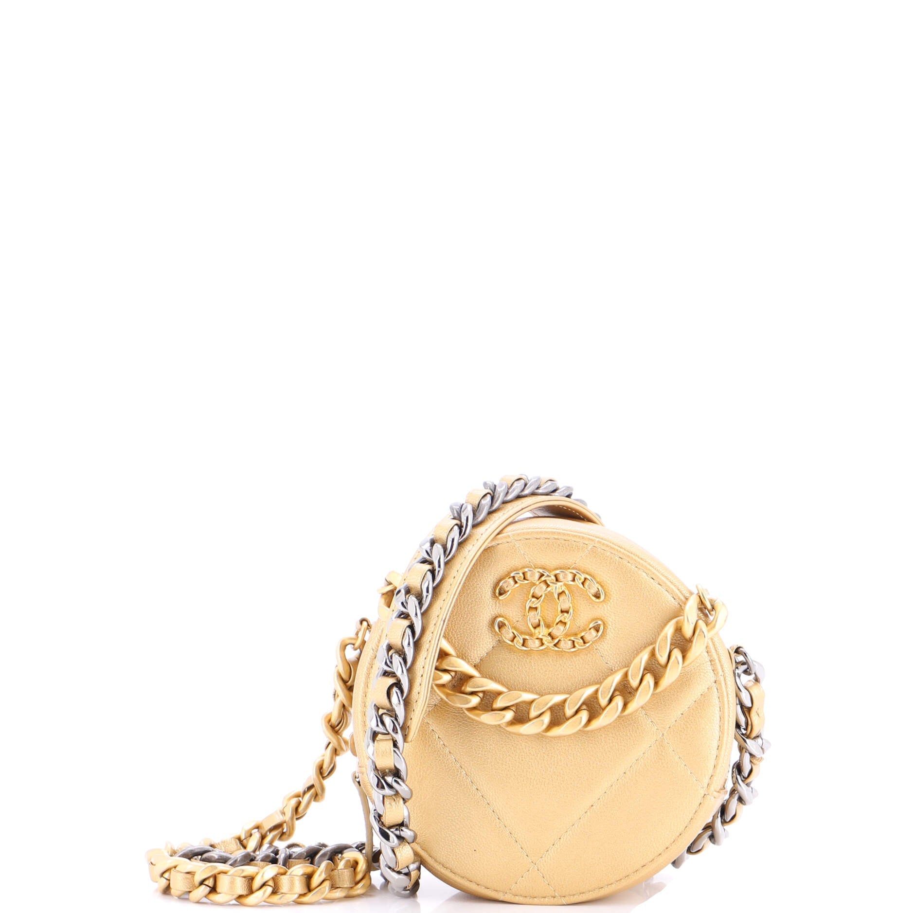 19 Round Clutch with Chain Quilted Leather