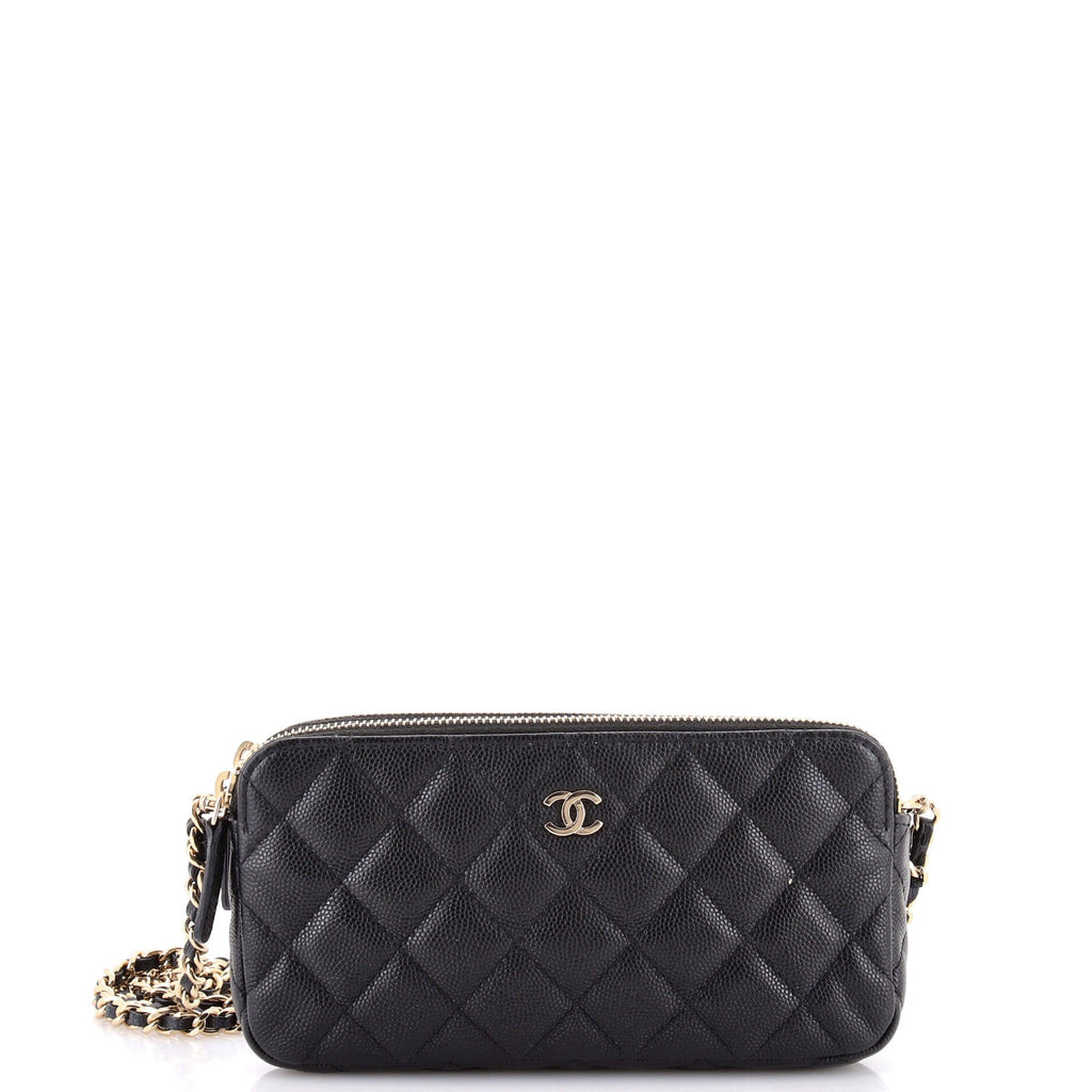 Double Zip Clutch with Chain Quilted Caviar