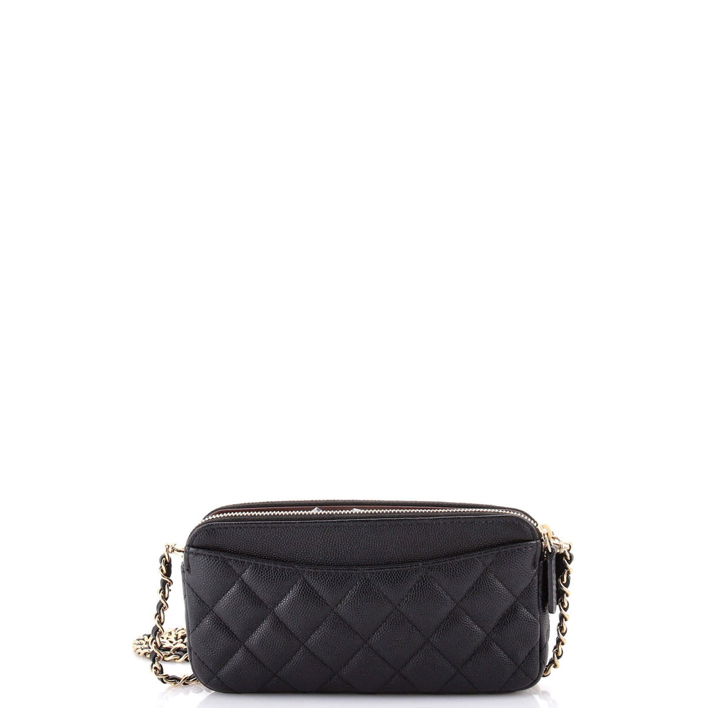 Double Zip Clutch with Chain Quilted Caviar