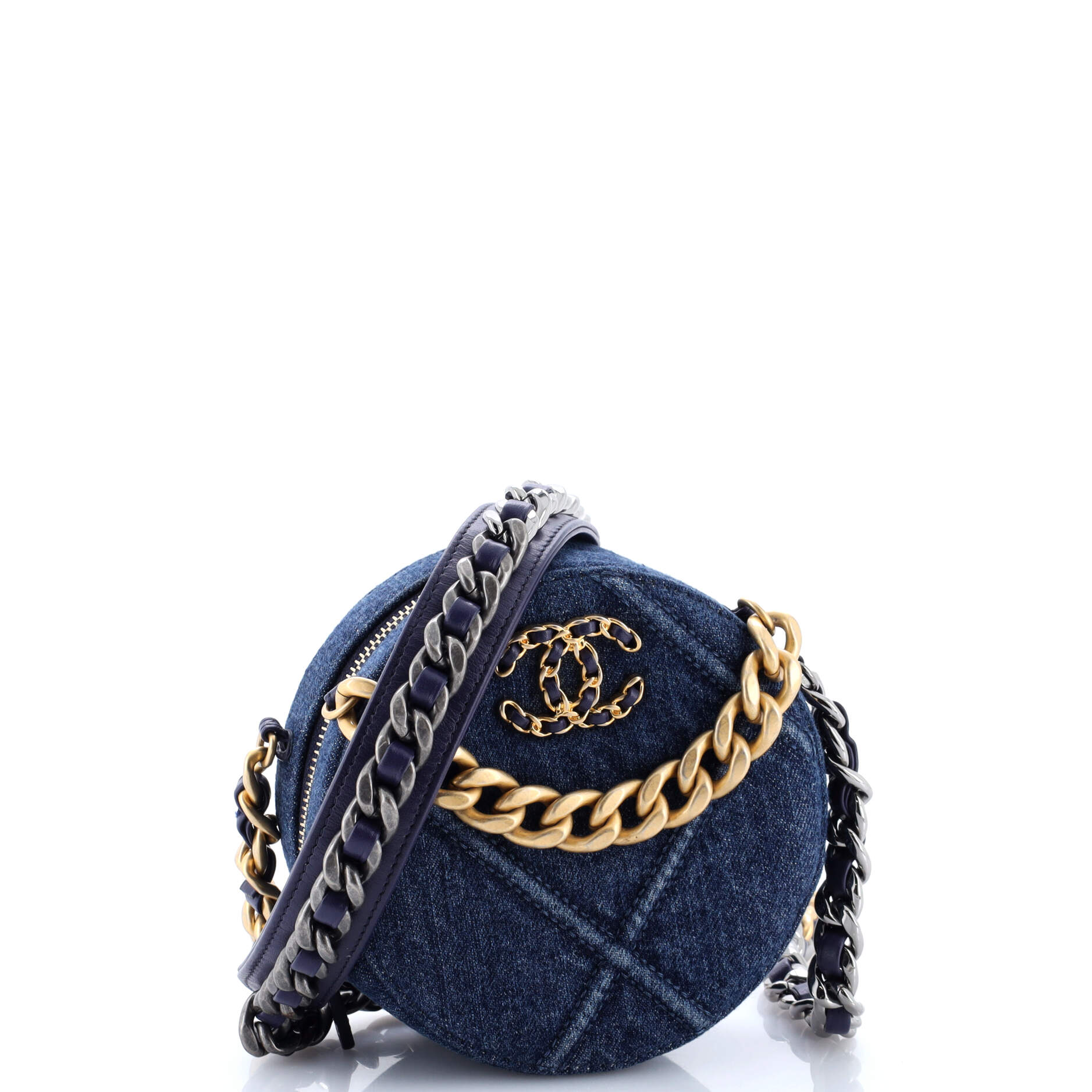19 Round Clutch with Chain Quilted Denim