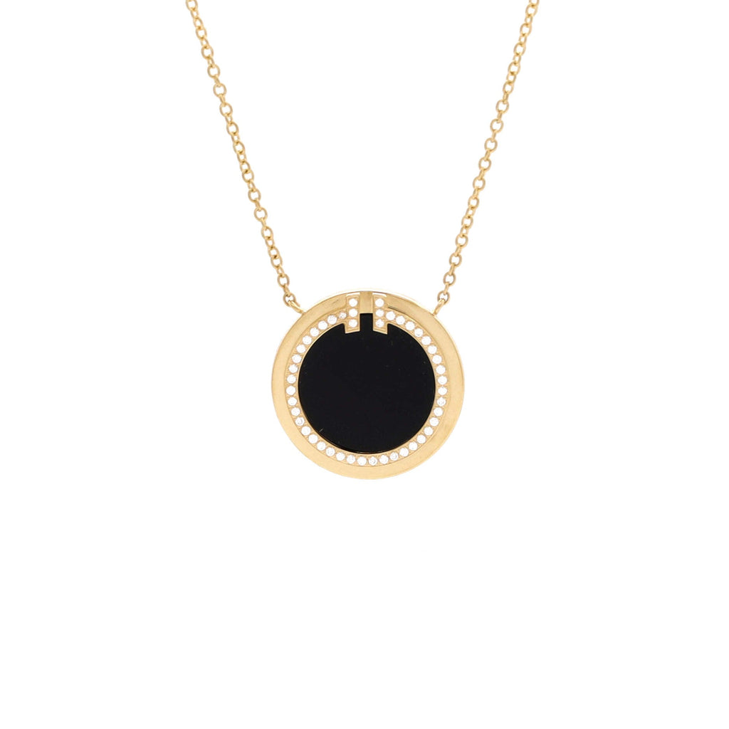 T Circle Pendant Necklace 18K Yellow Gold with Onyx and Diamonds Large